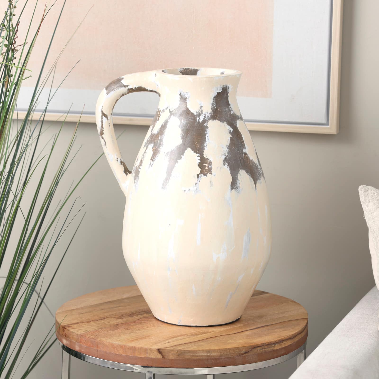19" Cream Ceramic Vase with Curved Handle