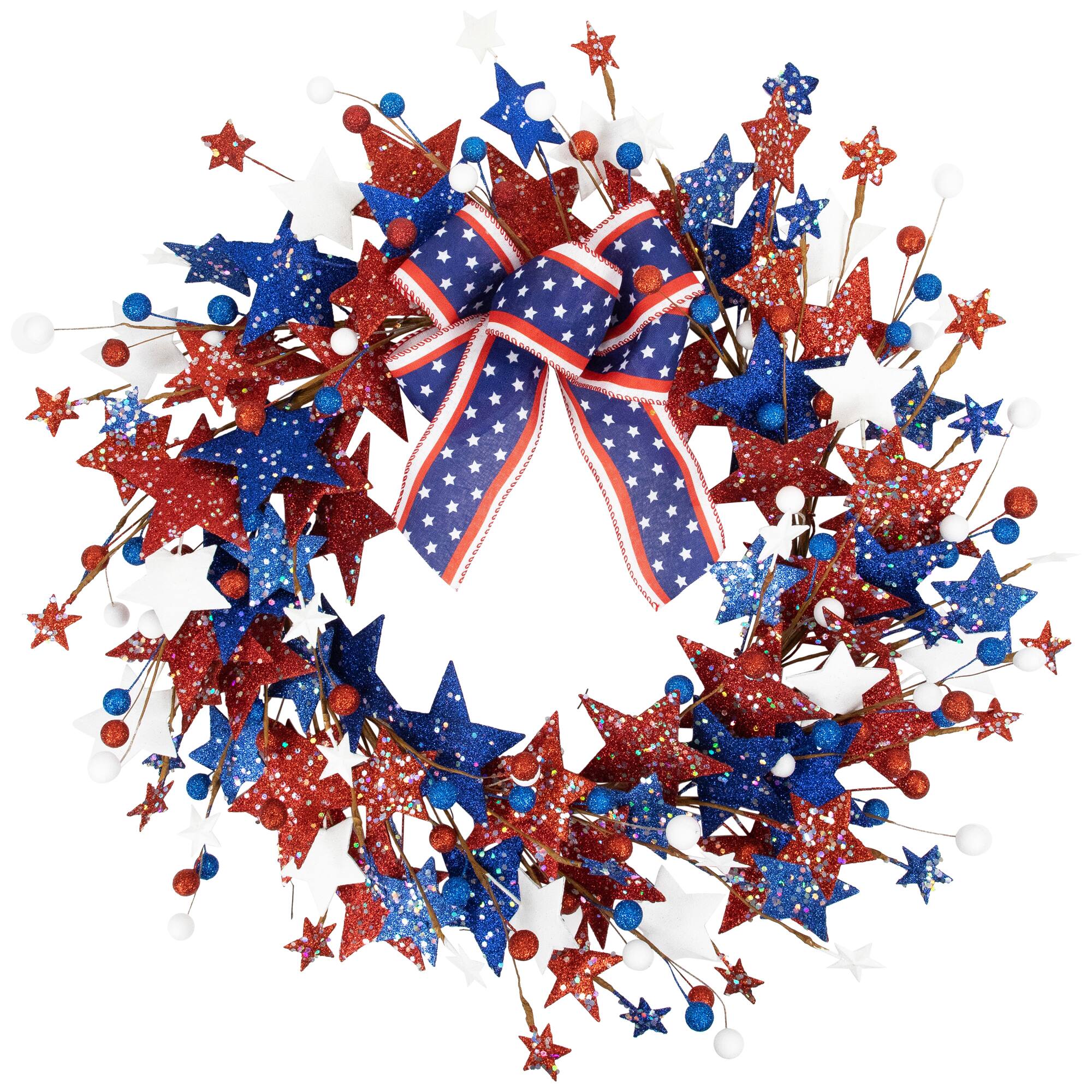 24" Stars & Stripes Glittered Patriotic Artificial Twig Wreath