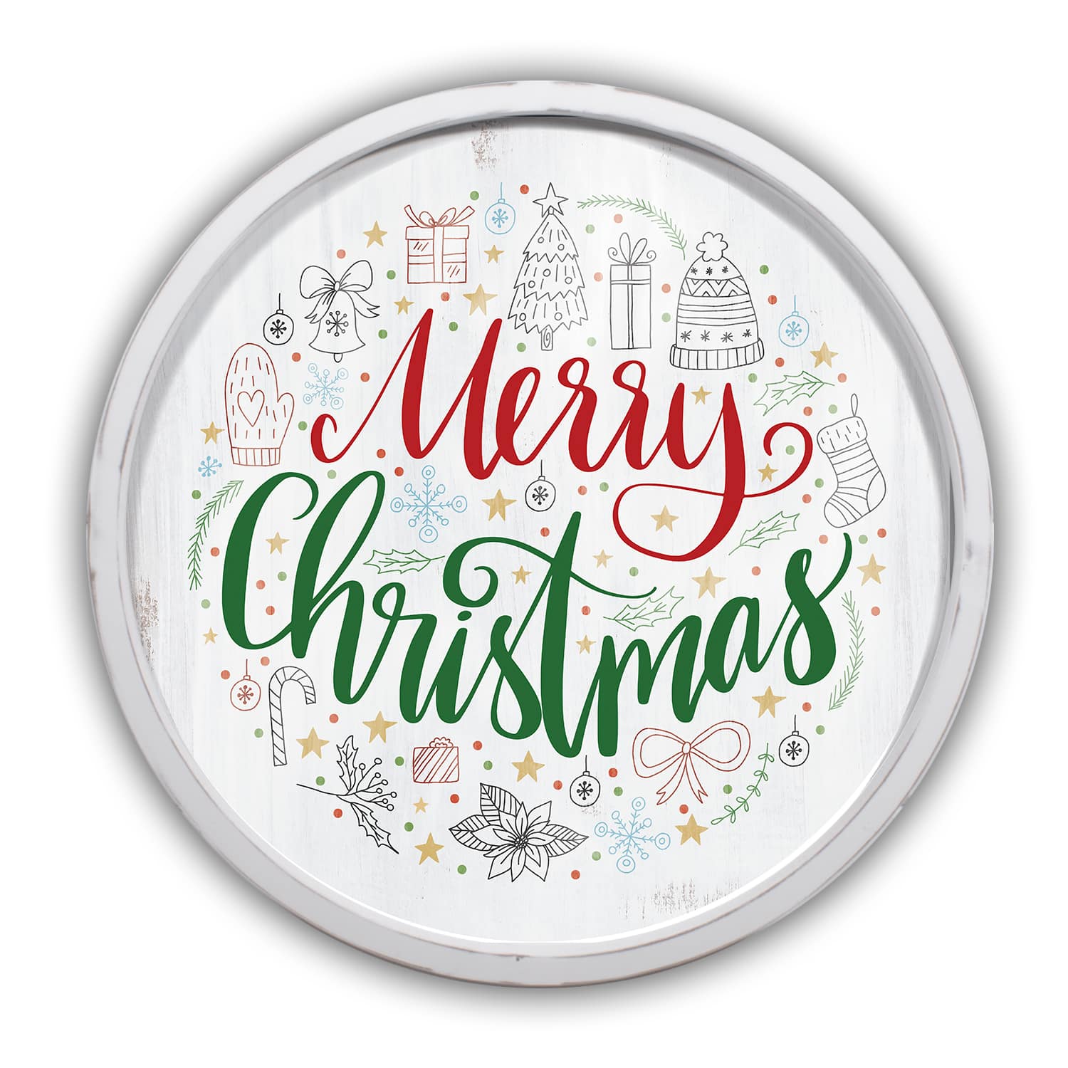 20" Round Merry Christmas Icons White Framed Wall Print