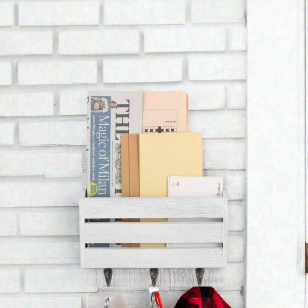 NEX™ 10" Rustic White Gray Wood Wall-Mounted Mail & Key Holder Organizer with 3 Key Hooks