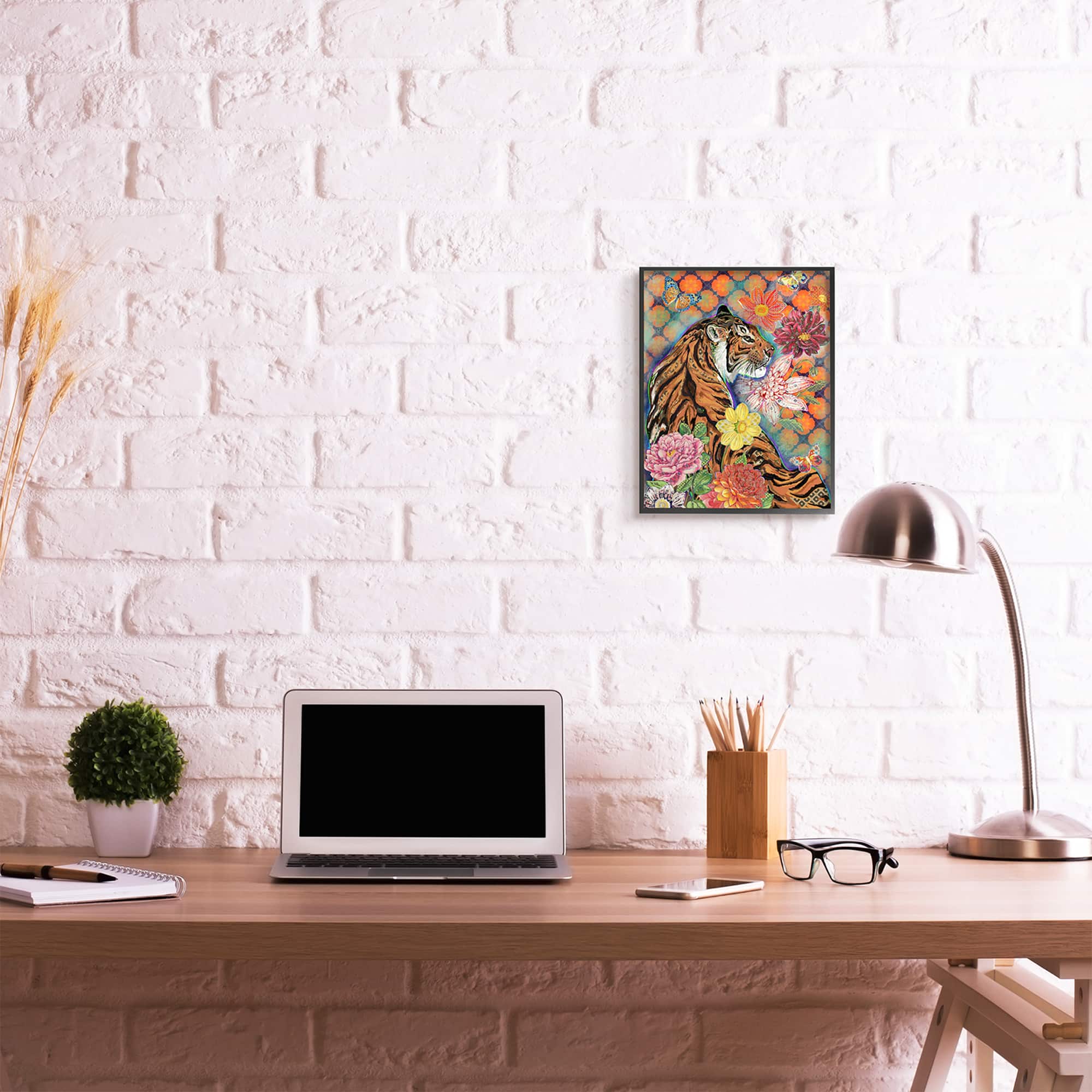 Stupell Industries Jungle Tiger Cat Over Orange Arabesque Floral Pattern in Black Frame Wall Art