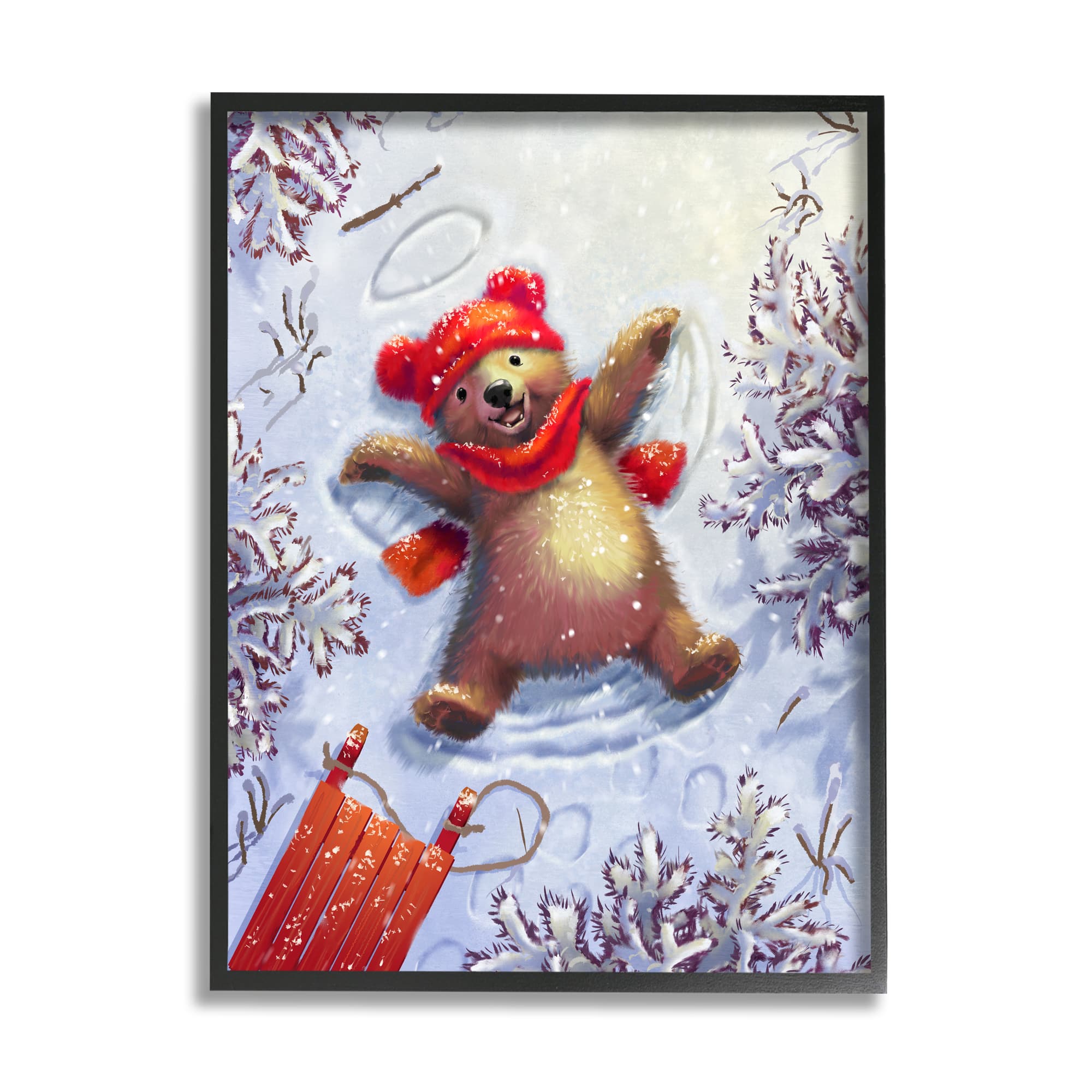 Stupell Industries Bear Cub Snow Angel Sled Framed Giclee Art