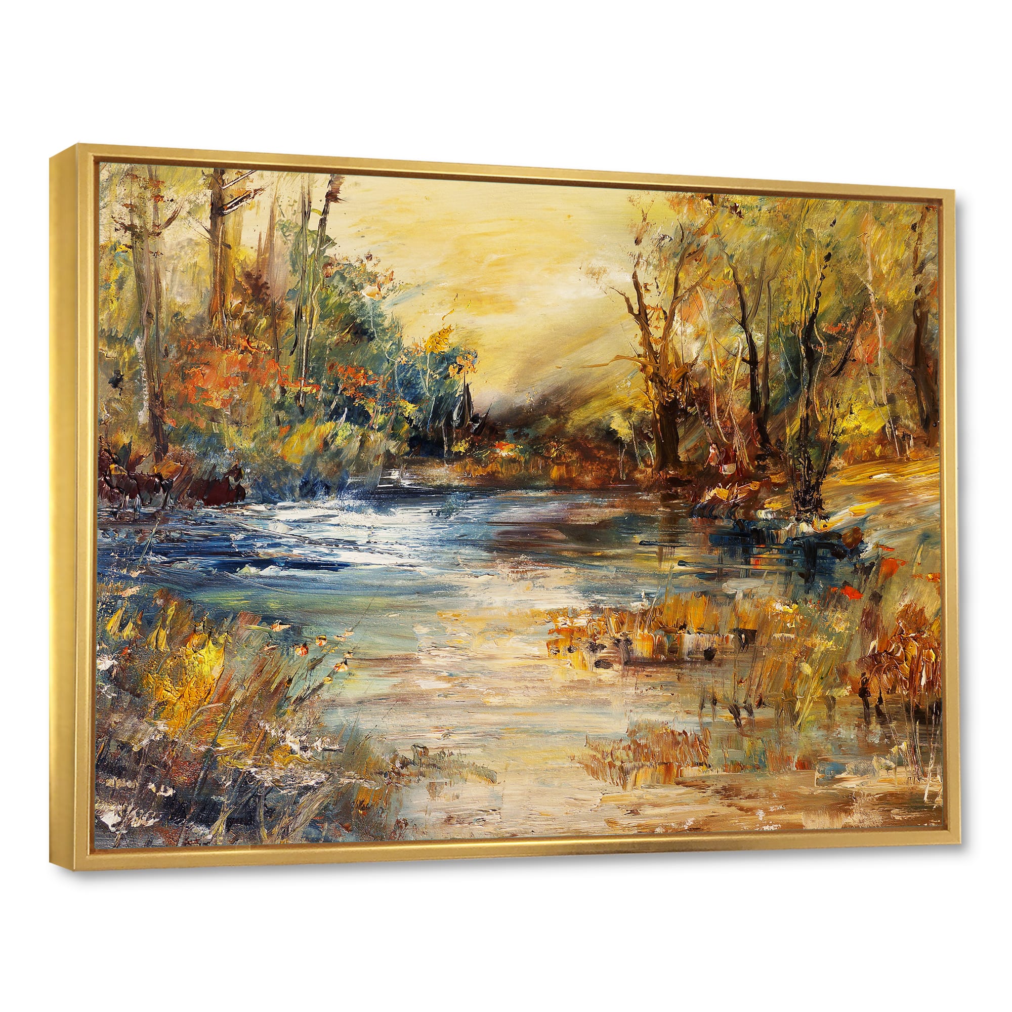 Designart - Stream in Forest Oil Painting - Landscape Painting Framed Canvas Print