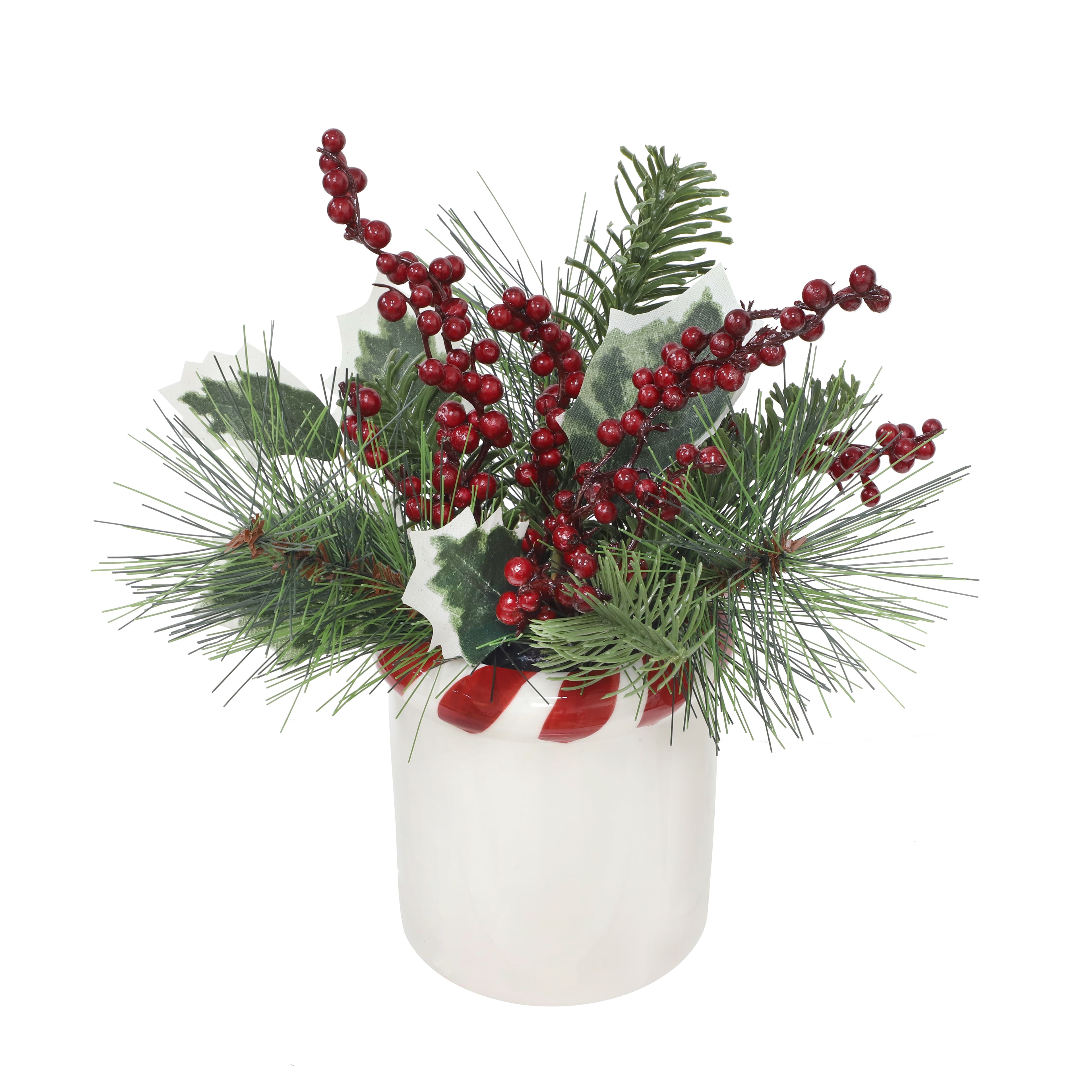 9.5&#x22; Green Pine &#x26; Red Berry Arrangement in White Ceramic Pot with Striped Rim by Ashland&#xAE;