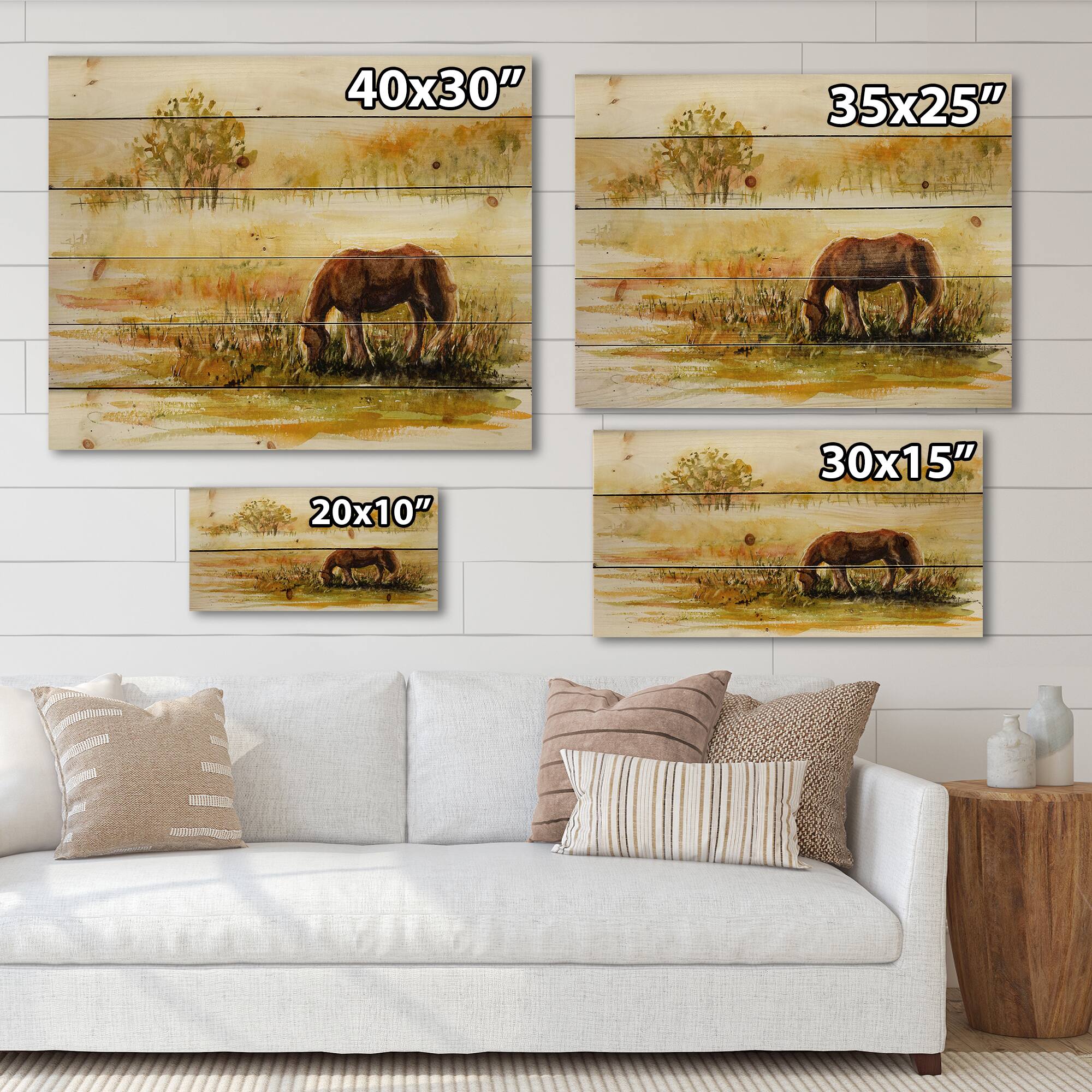 Designart - Horse Grazing On A Meadow - Farmhouse Print on Natural Pine Wood