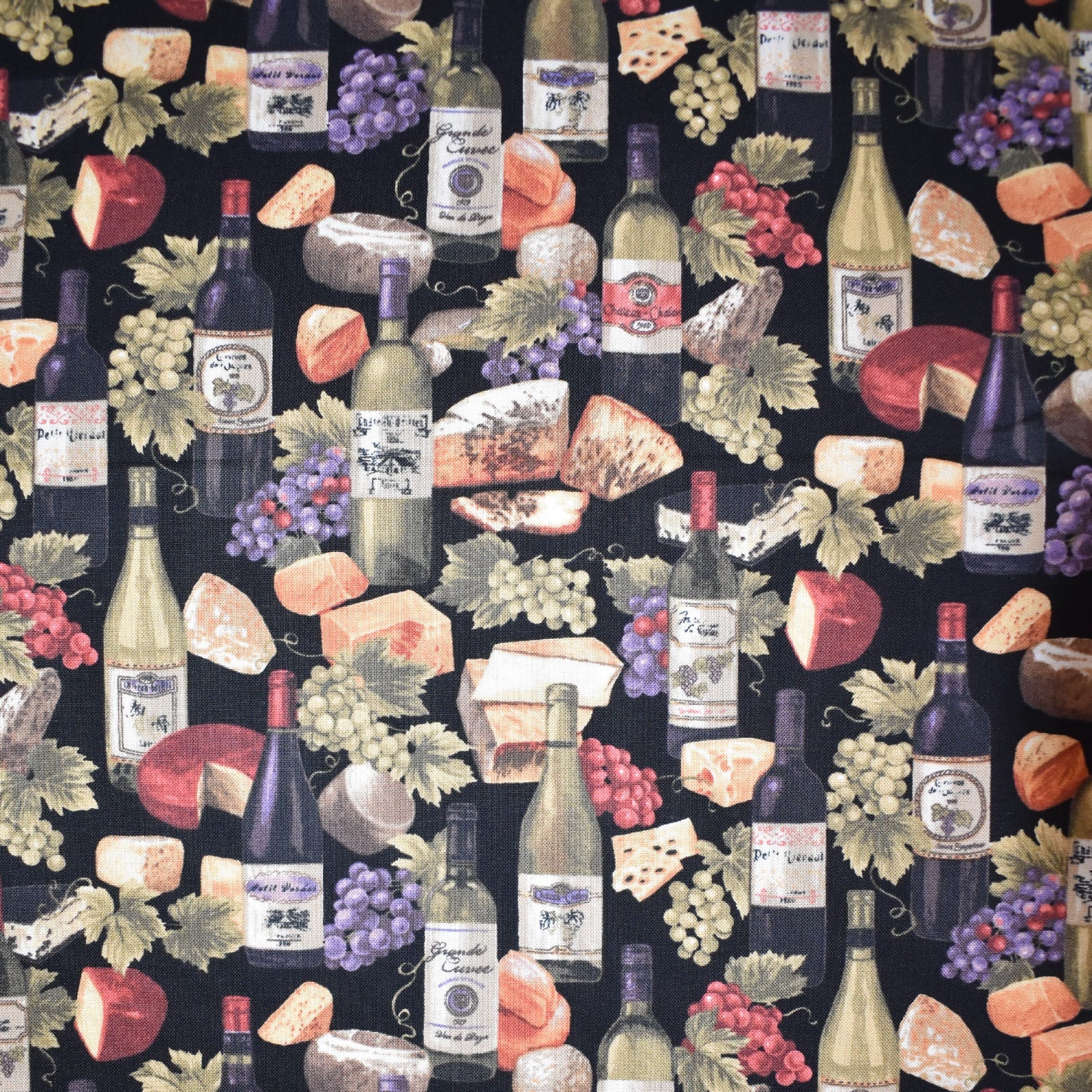Cheese, Grapes &#x26; Wine Bottles Cotton Fabric