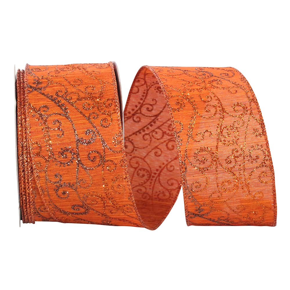 Reliant 2.5&#x22; x 10yd. Wired Orange Glitter Swirl Ribbon