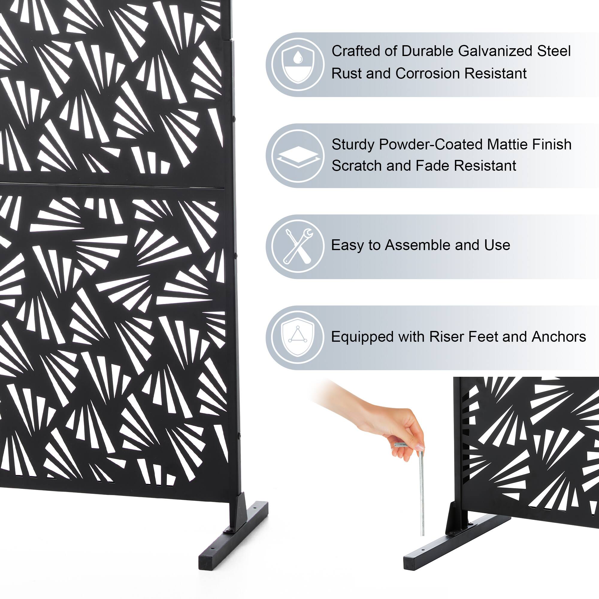 Glitzhome&#xAE; 6ft. Black Galvanized Steel Irregular Geometric Pattern Privacy Screen Fence Panel &#x26; Room Divider