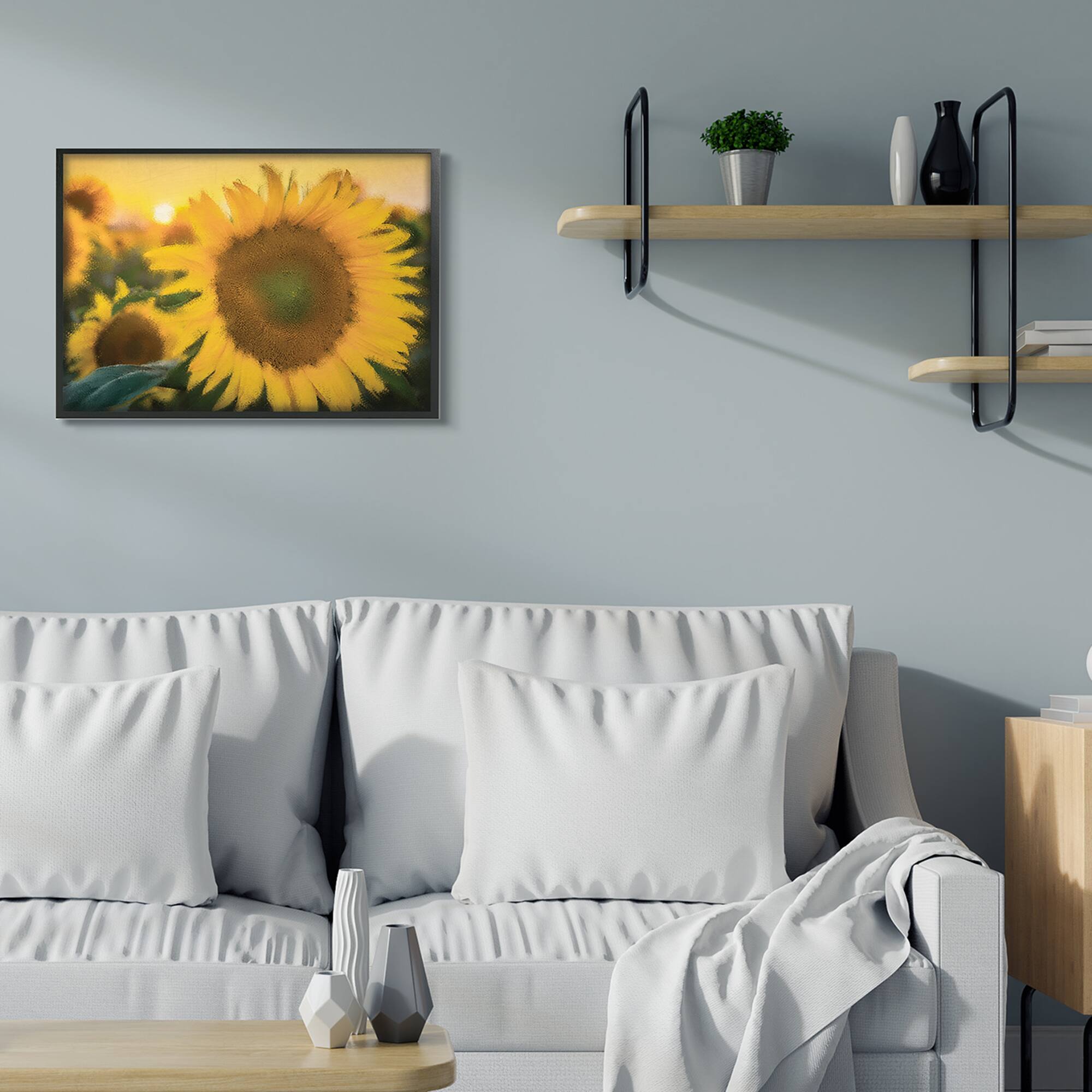 Stupell Industries Sunflower Field Sunrise Realistic Soft Edges in Black Frame Wall Art