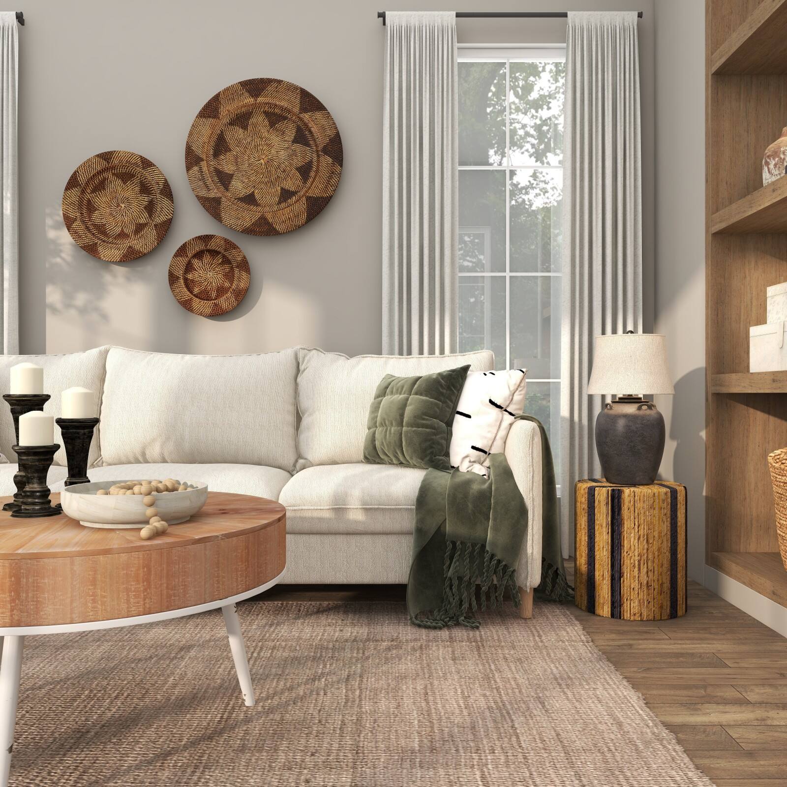 Brown Banana Leaf Handmade Linear Wrapped Accent Table with Navy Stripes