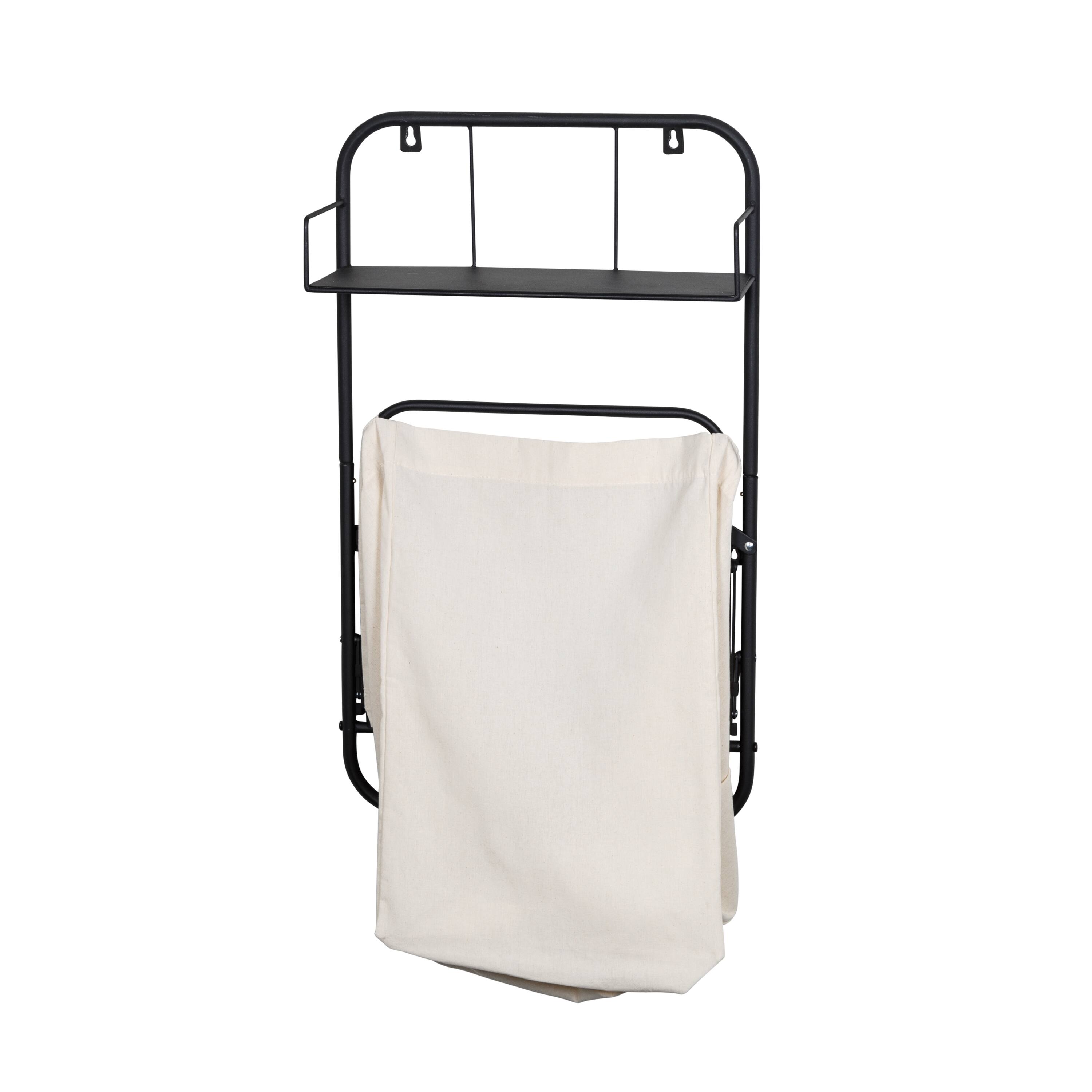 Honey Can Do Black Collapsible Wall-Mounted Clothes Hamper with Canvas Bag and Laundry Shelf