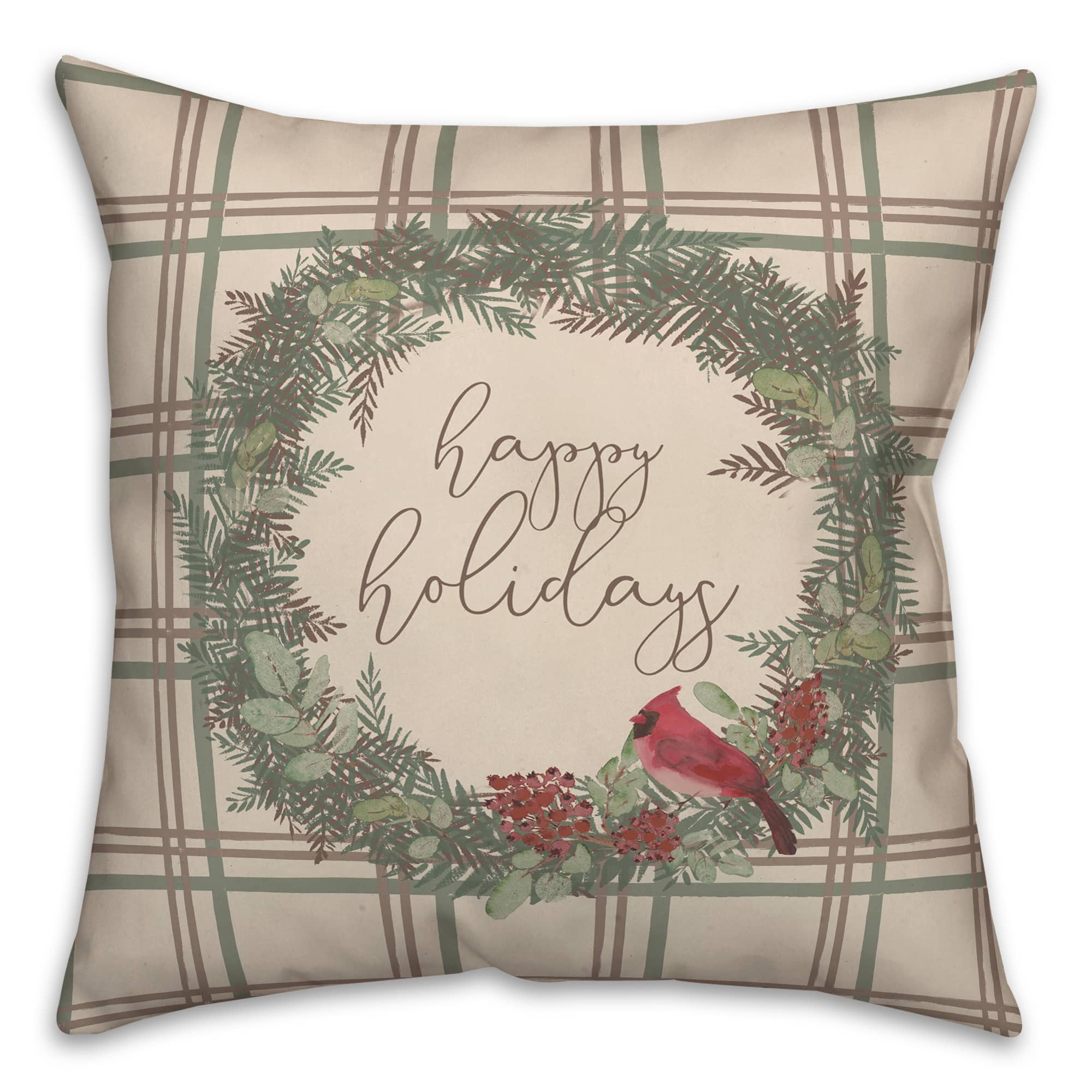 Happy Holidays Plaid Square Throw Pillow