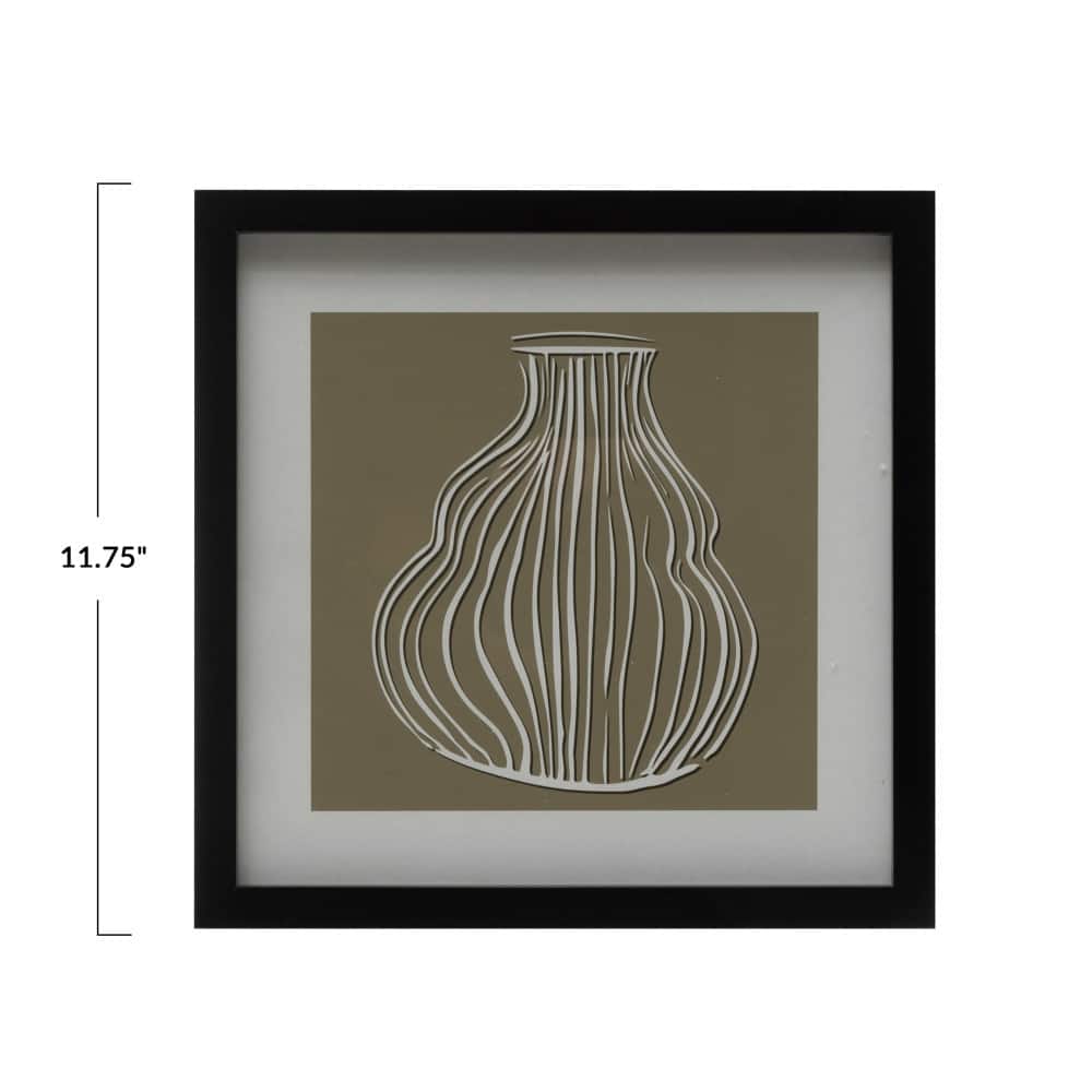12&#x22; Beige and White Vase Print Wood Framed Glass Wall D&#xE9;cor