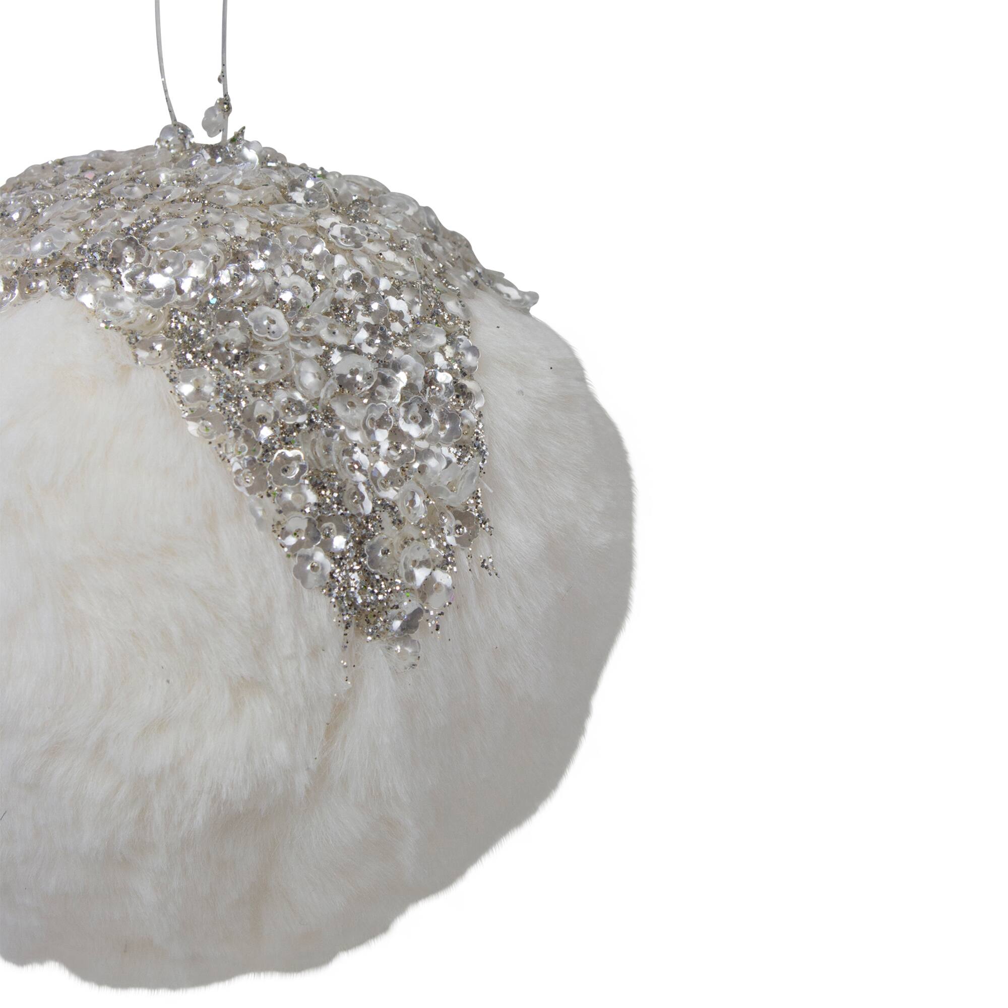 4.25&#x22; White And Silver Faux Fur Ball Ornament