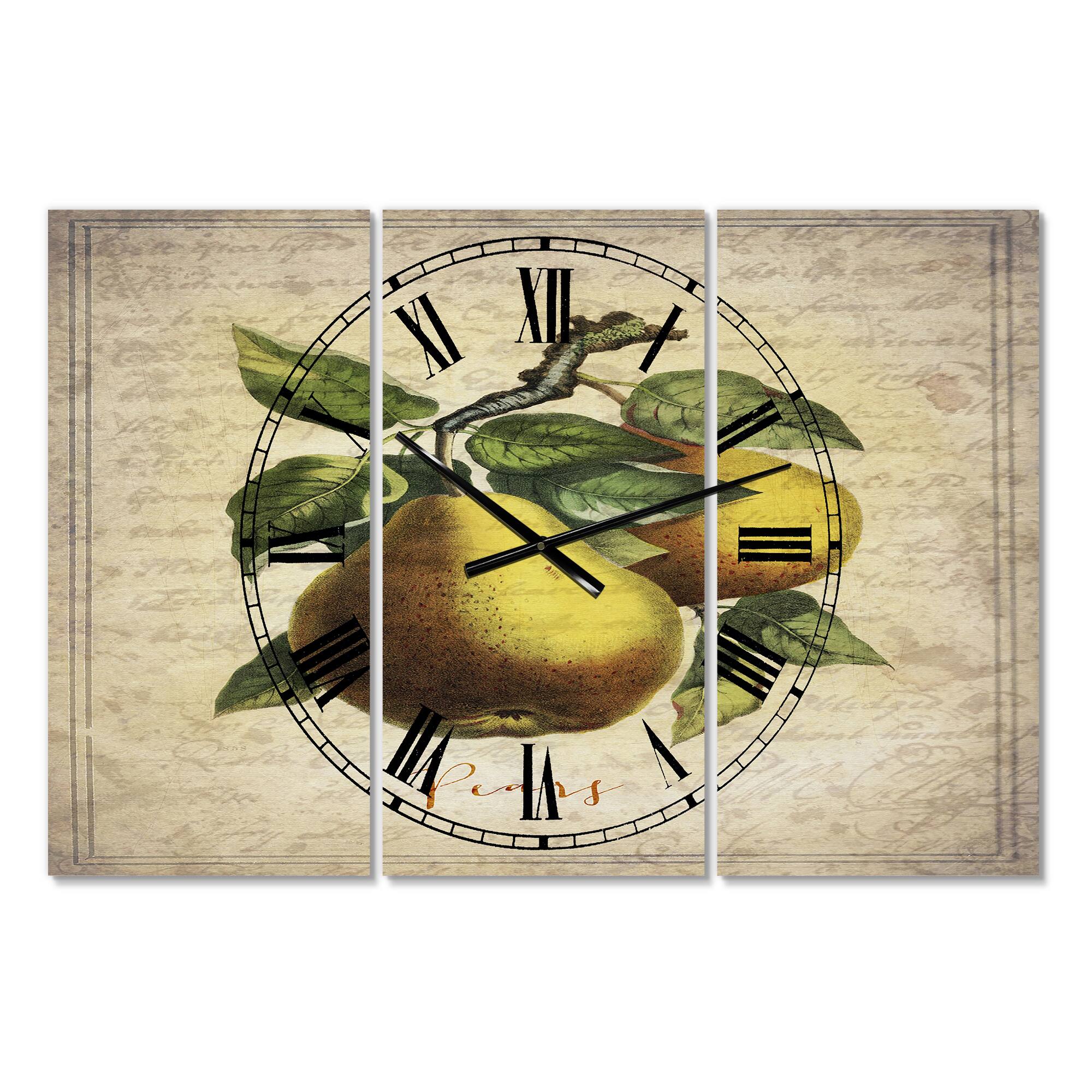 Designart Pear Old Style Sketch Large Cottage 3 Panel Wall Clock