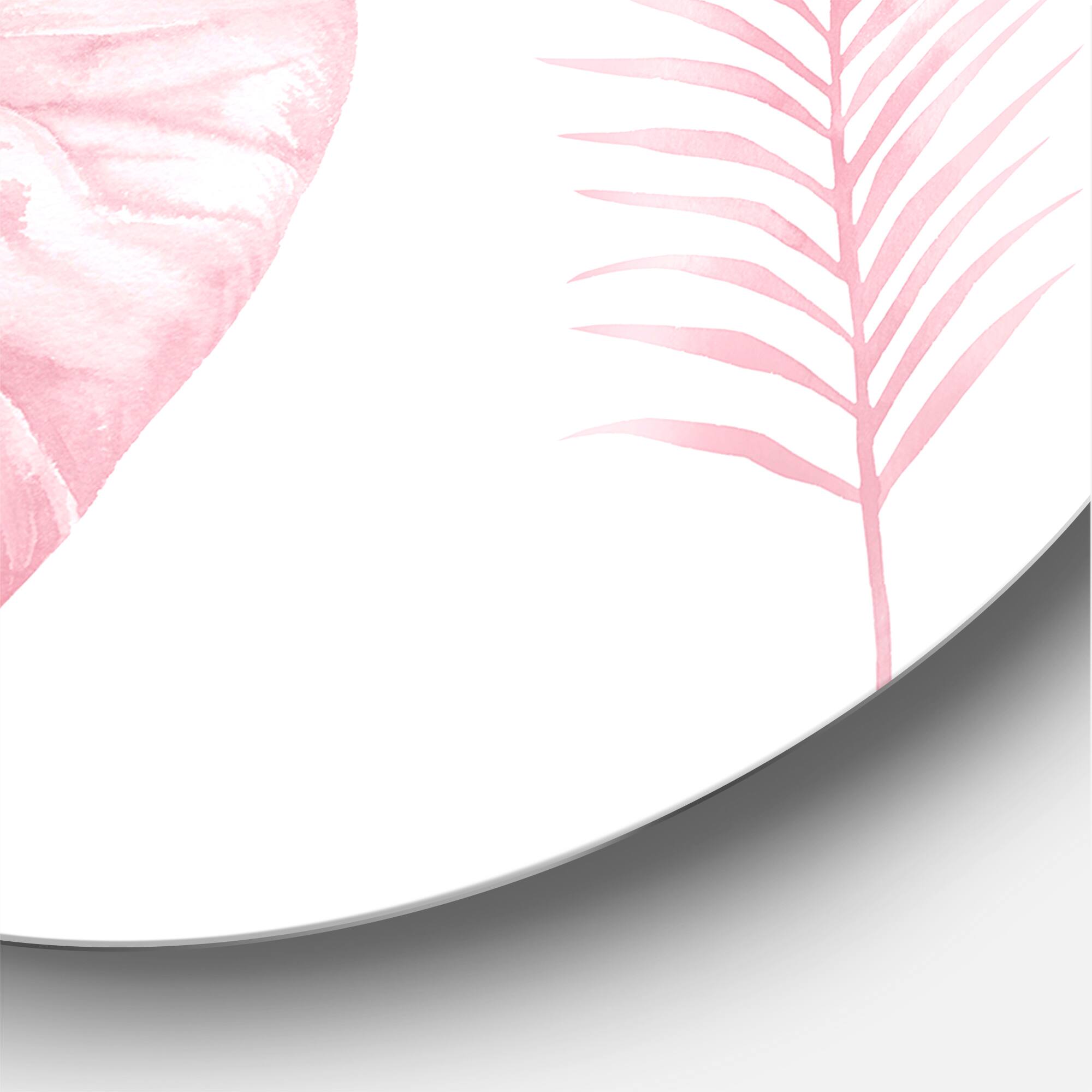 Designart - Tropical Pink Watercolour Leaves I - Shabby Chic Metal Circle Wall Art