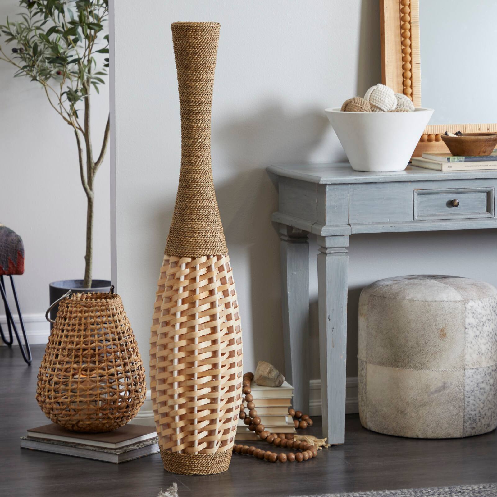 Brown Seagrass Handmade Thin Woven Floor Vase