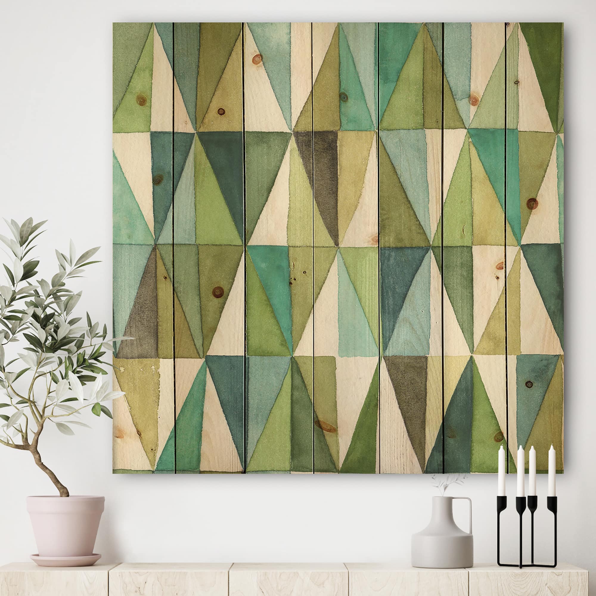 Designart - geometric Green Triangle III - Mid-Century Modern Transitional Print on Natural Pine Wood