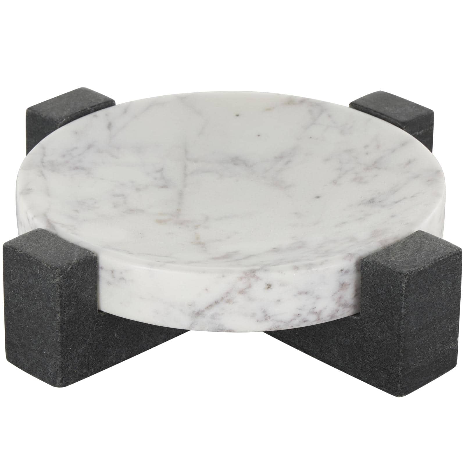 8.25" White Marble Round Tray with Black X-Shaped Base