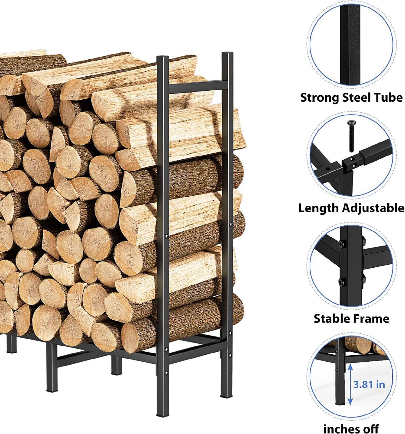 4ft. Black Firewood Metal Rack with Blue Storage Cover