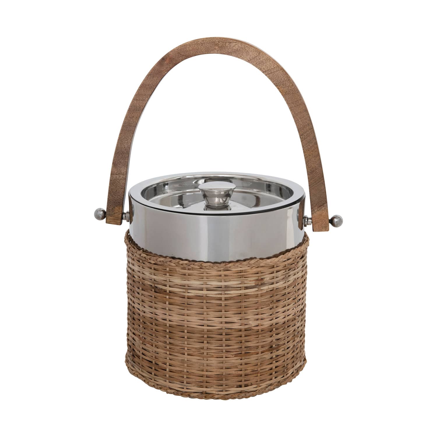 9.5&#x22; Stainless Steel &#x26; Woven Rattan Ice Bucket with Mango Wood Handle