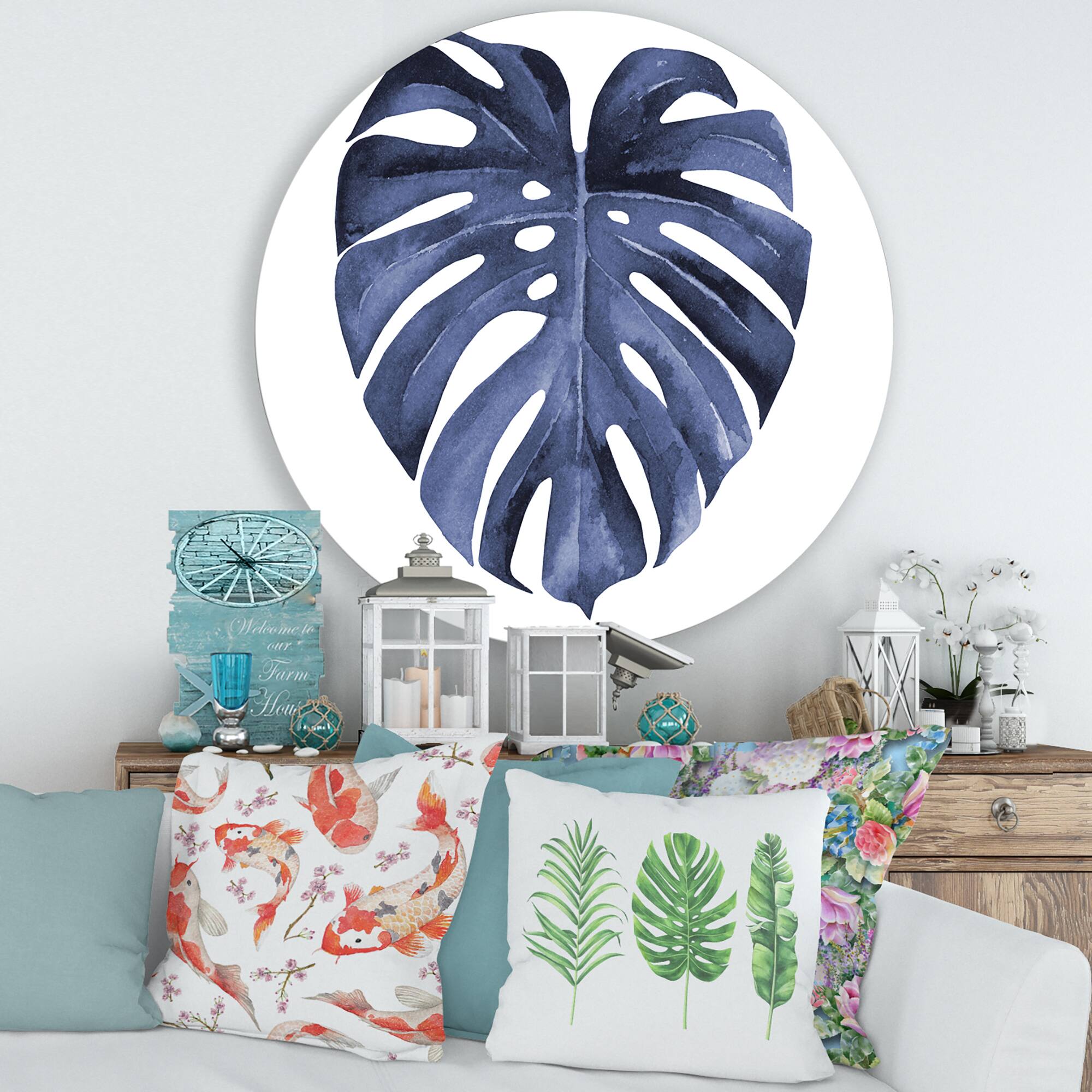 Designart - Tropical Blue Watercolour Leaves III - Traditional Metal Circle Wall Art