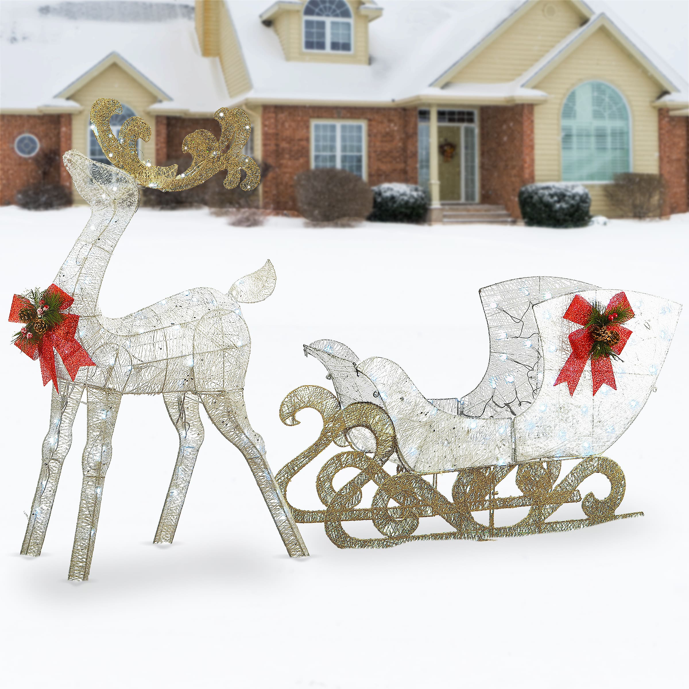 48" White Sisal Reindeer Pulling Sleigh with 140 Cool White LED Lights
