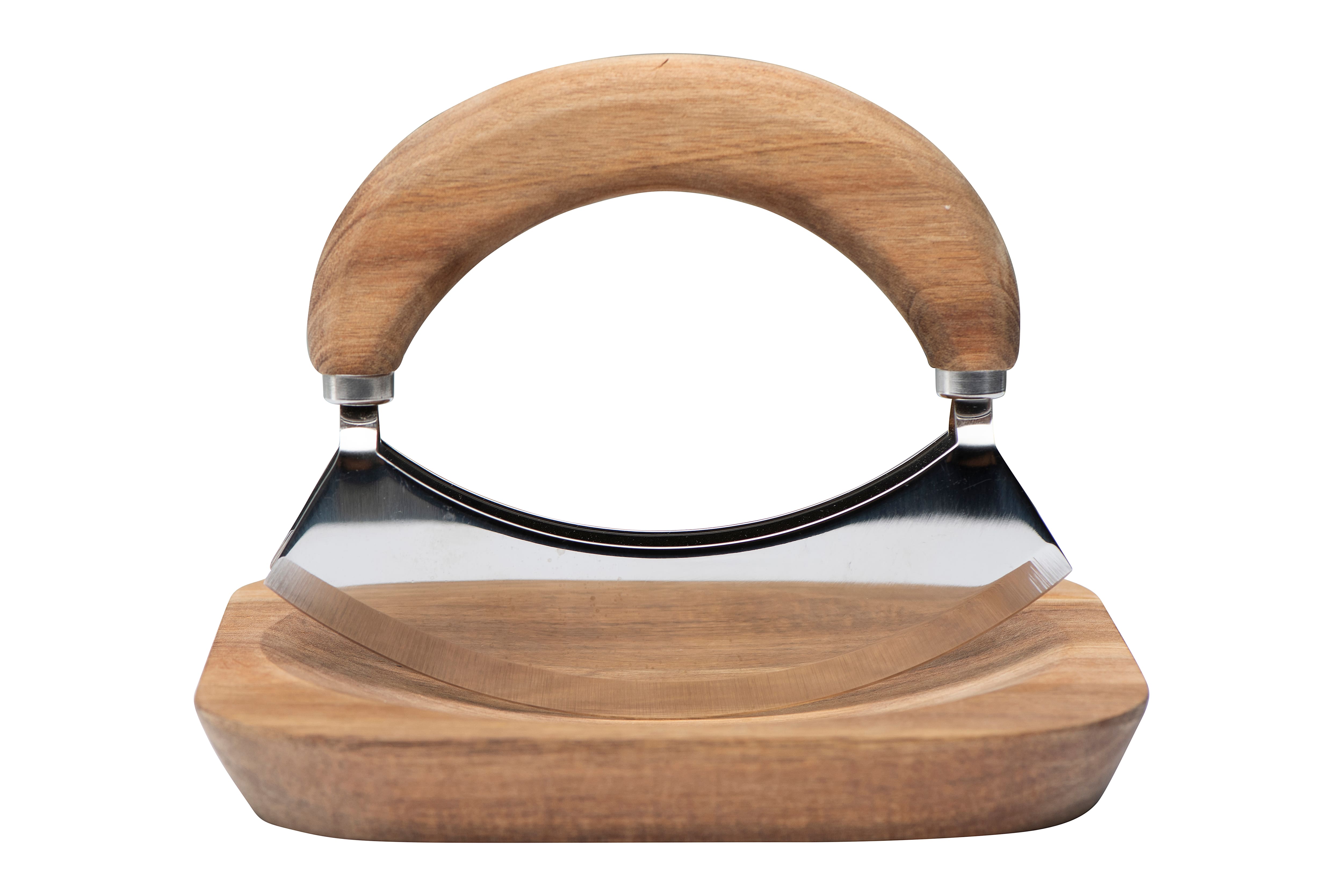 Hello Honey® Natural Acacia Wood and Stainless Steel Italian Mezzaluna Knife with Square Cutting Board Set