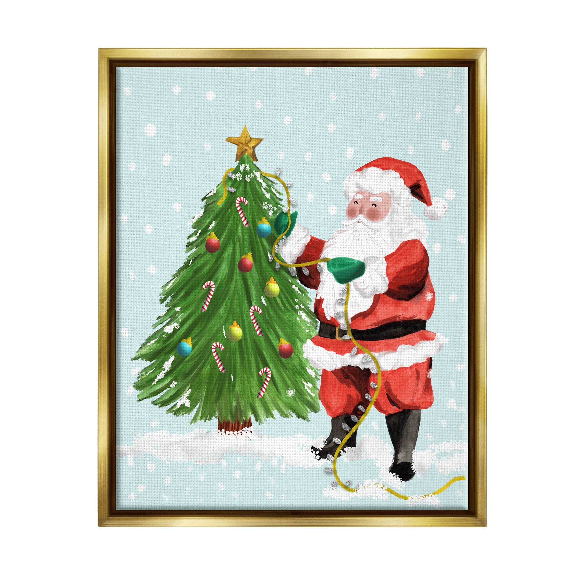Stupell Industries Snowy Santa Claus Tree Scenery Framed Floater Canvas Wall Art