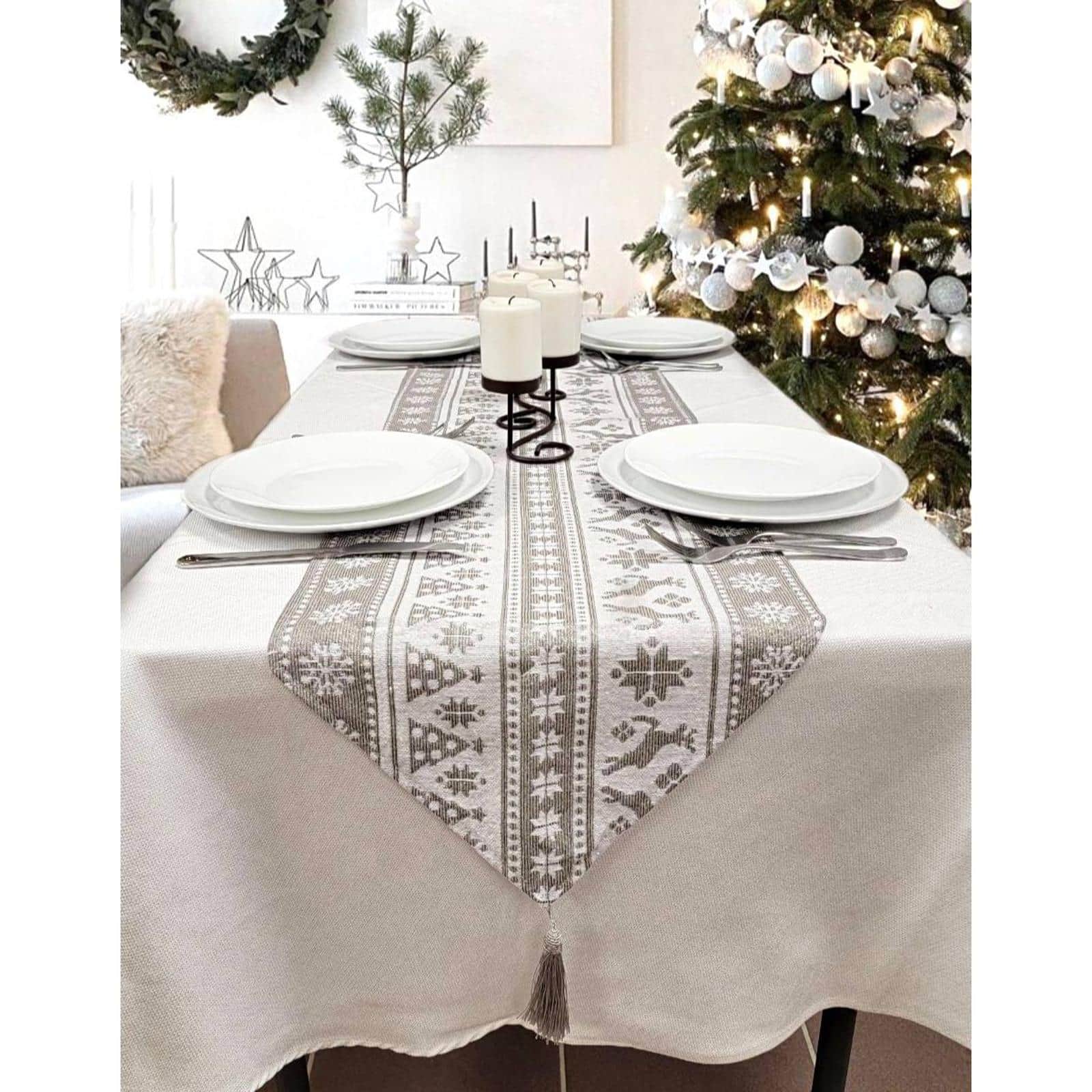 Wizardi 13.75" x 67" Gray Nordic Christmas Table Runner