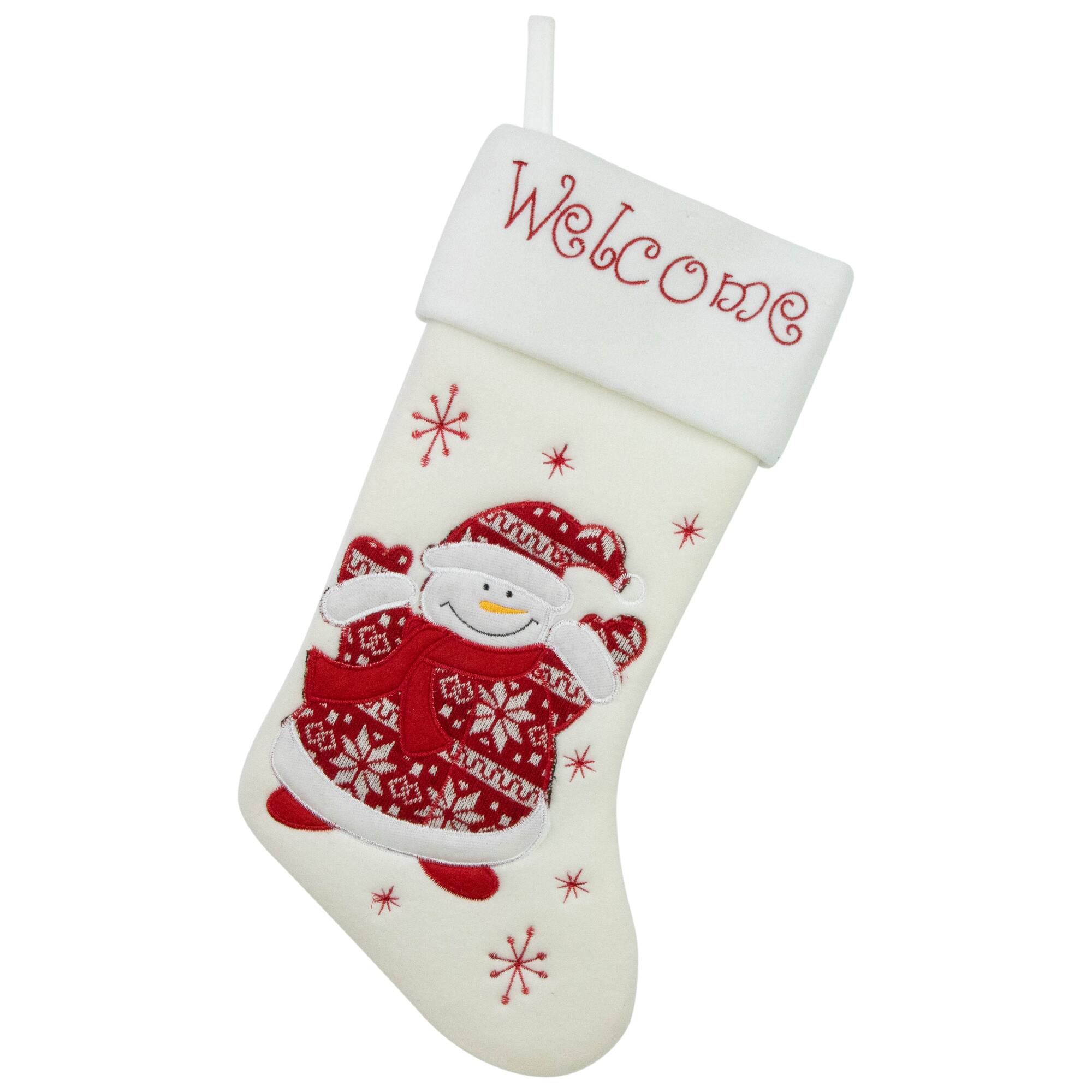 16&#x22; Red &#x26; White Welcome Snowman Embroidered Christmas Stocking