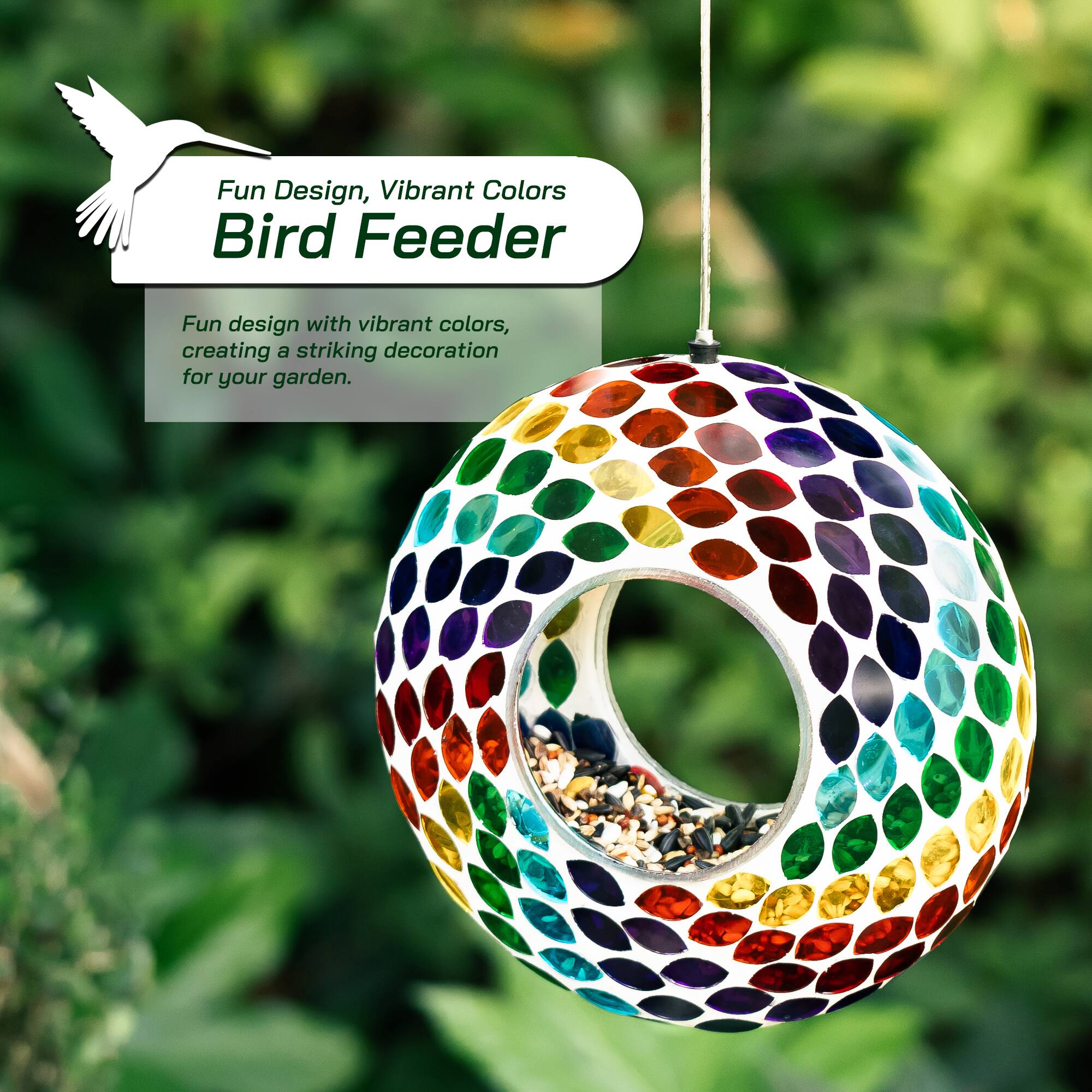 Glitzhome® 8" Multicolor Mosaic Glass Round Hanging Bird Feeder