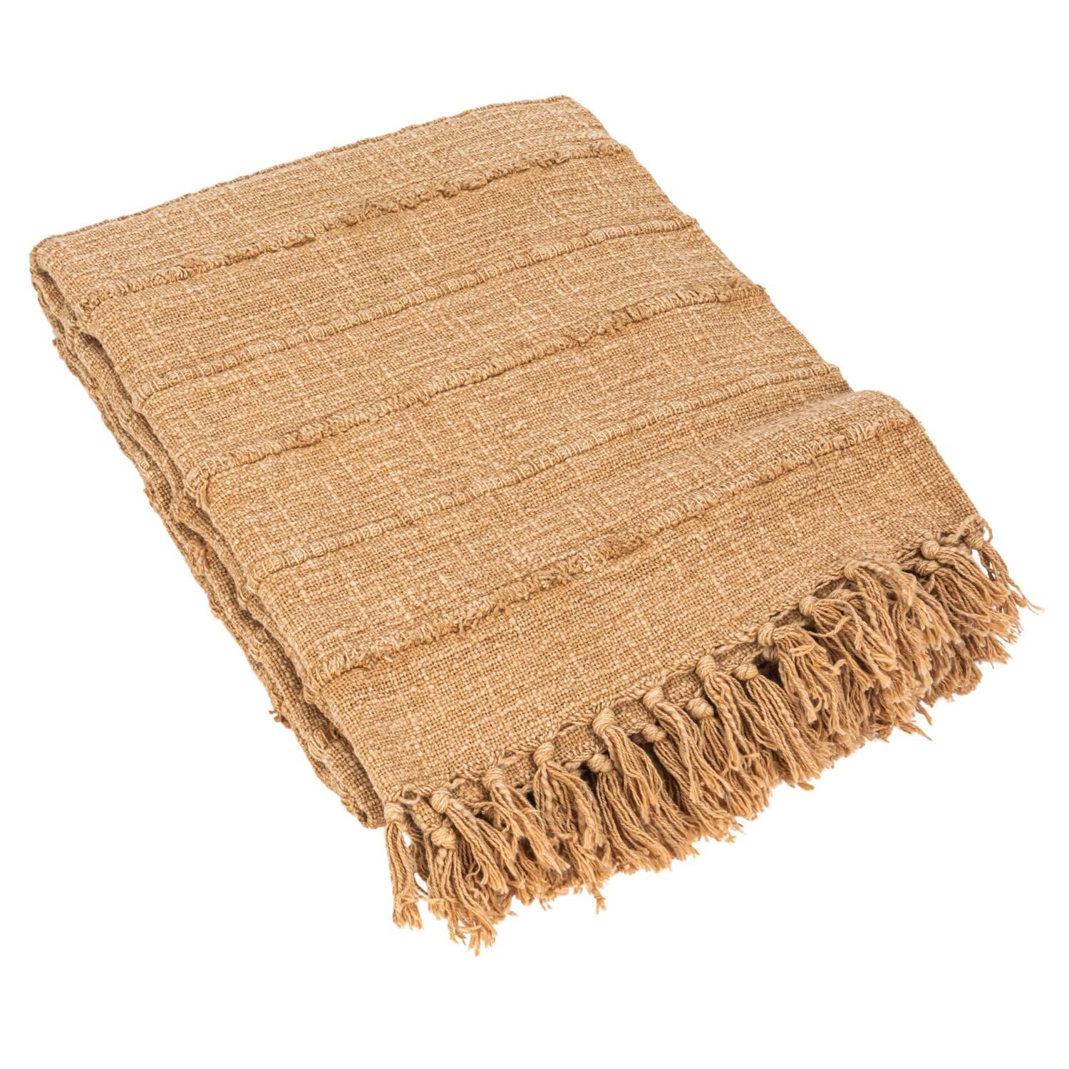 Hello Honey® Beige Stonewashed Woven Cotton Slub Throw with Pom Pom Trim & Fringe