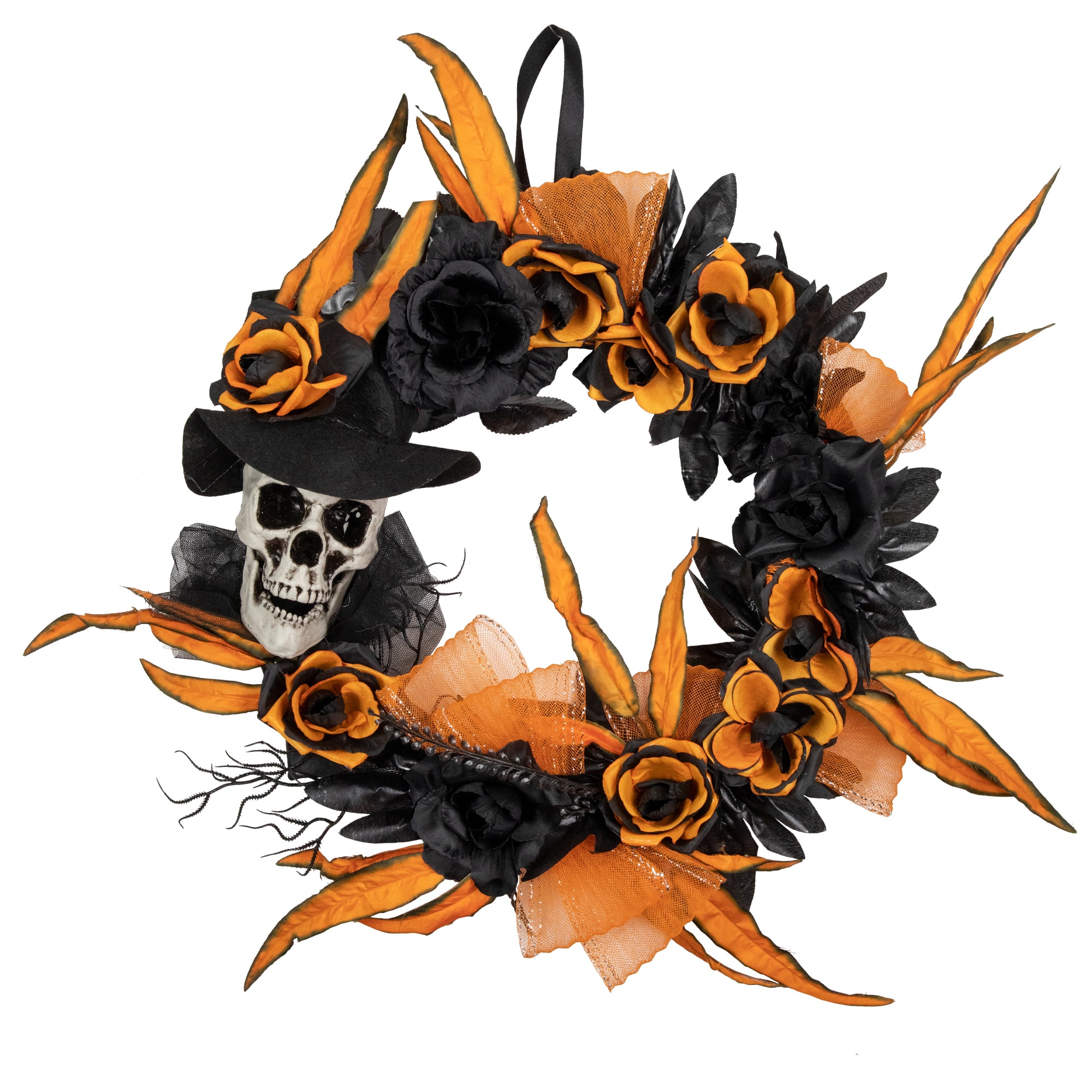 14&#x22; Skull with Black &#x26; Orange Roses Halloween Wreath