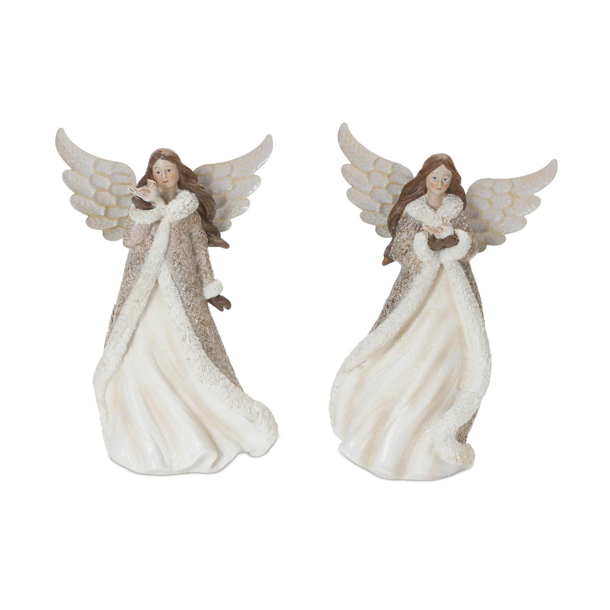 Winter Angel Figurine with Bird Accent Set