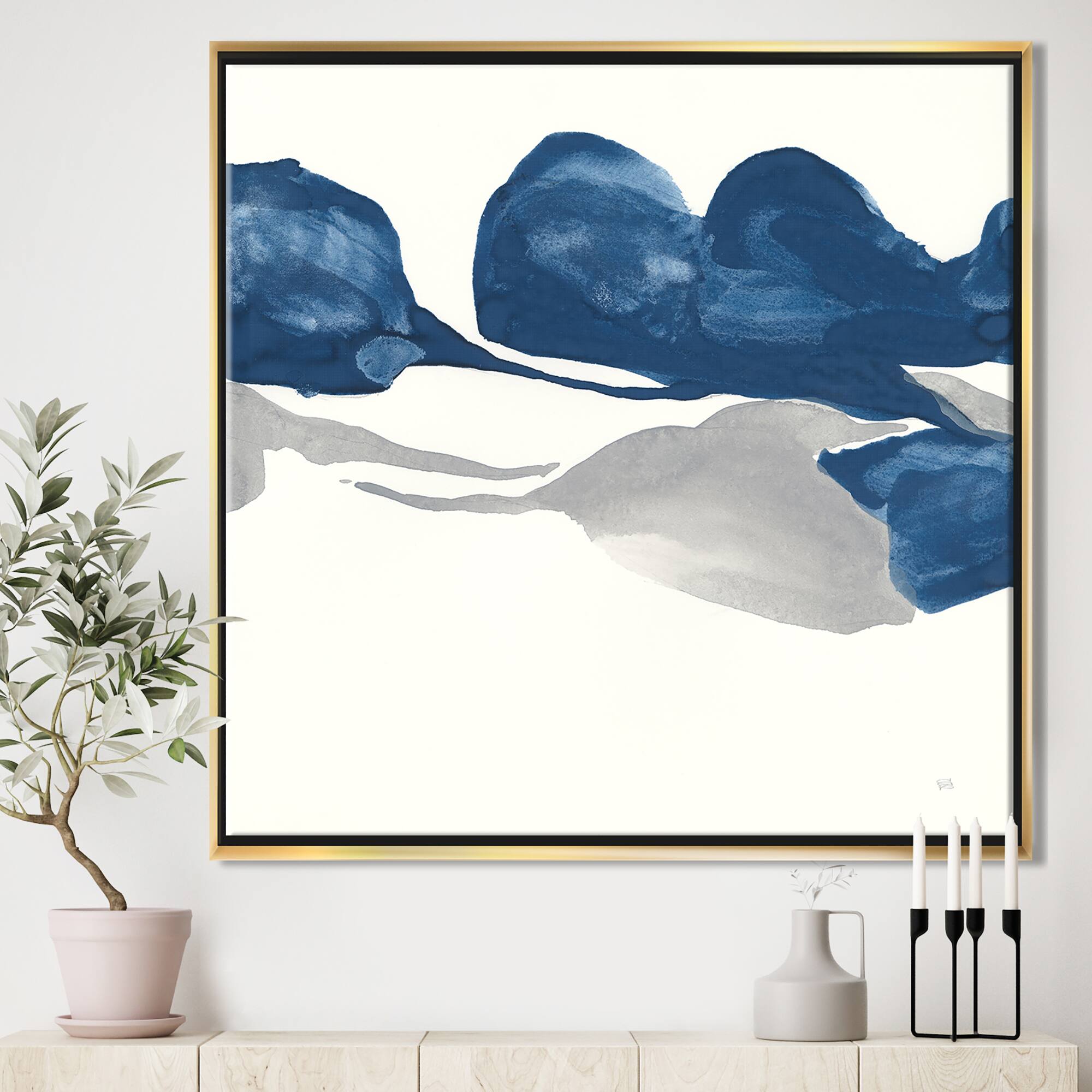 Designart - Gouache Sapphire on Gray III - Modern &#x26; Transitional Framed Canvas