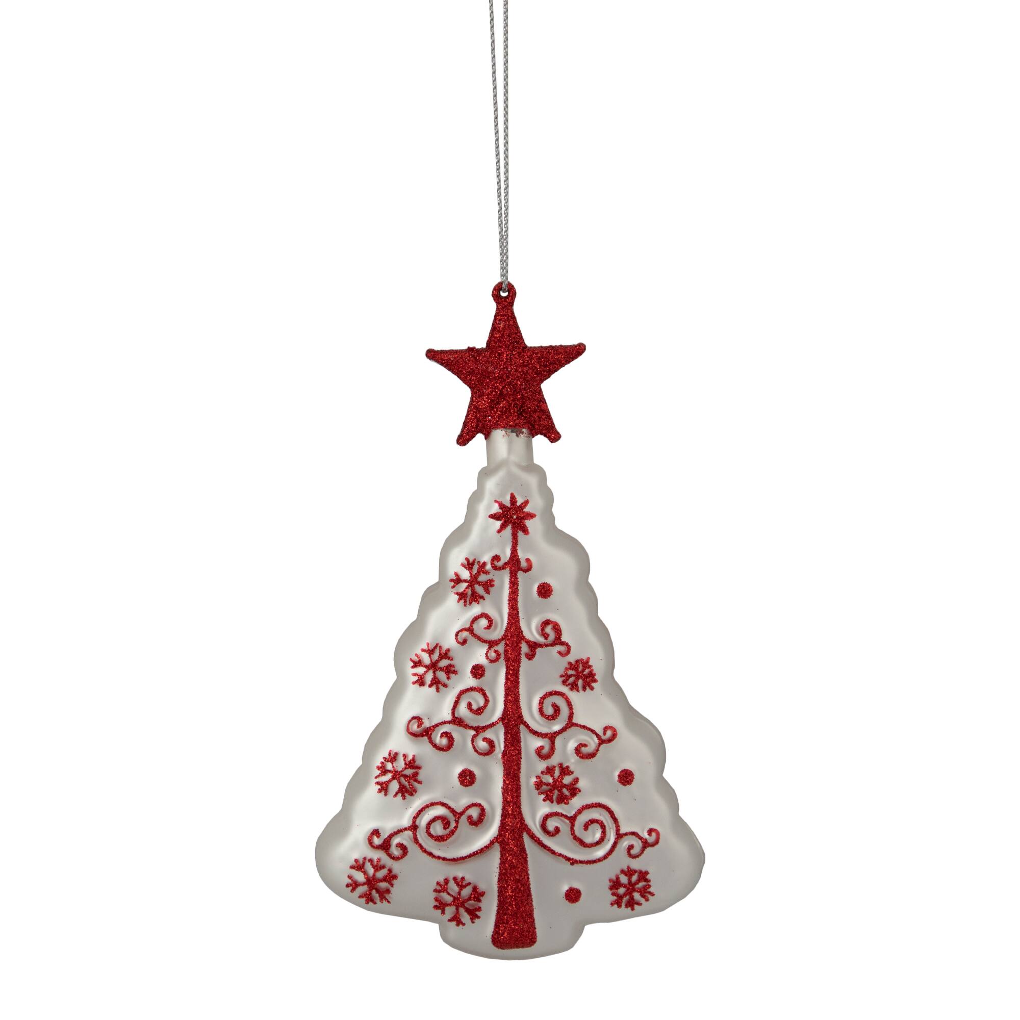 6&#x22; White &#x26; Red Christmas Tree Glass Ornament