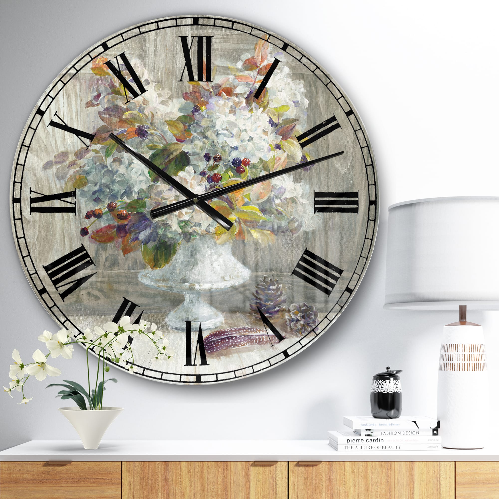 Designart &#x27;Rustic Florals White Cabin Wall Clock
