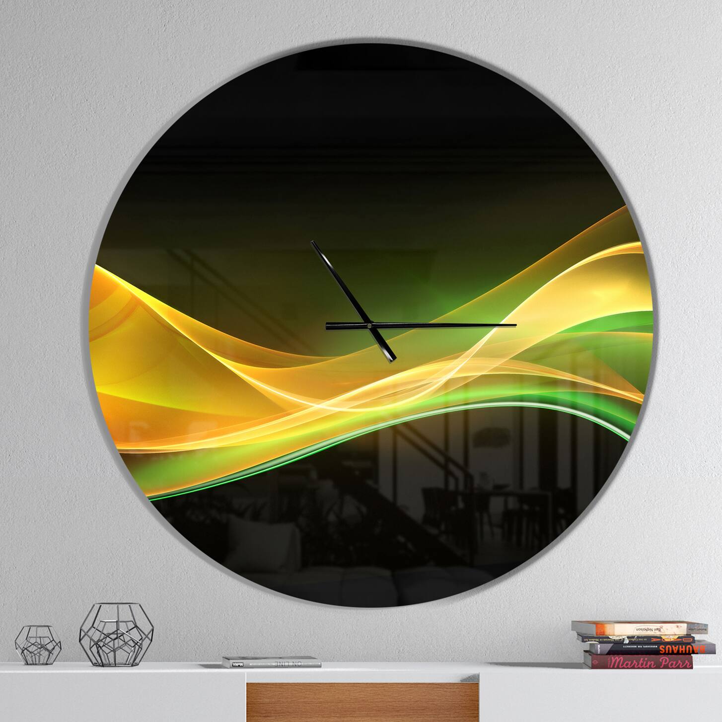 Designart 3D Gold & Green Wave Design Modern Wall Clock