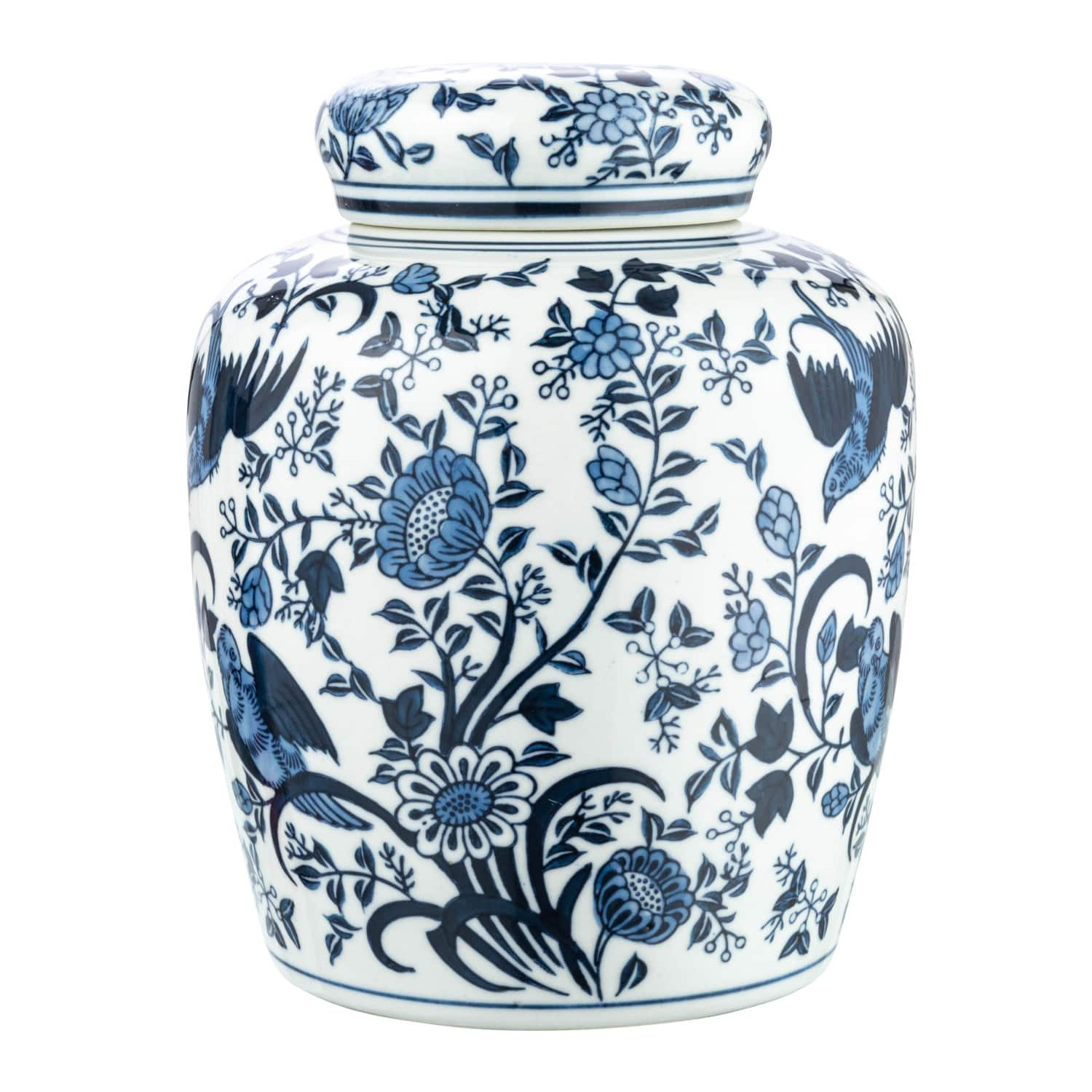 8&#x22; Blue &#x26; White Decorative Bird Ceramic Ginger Jar with Lid