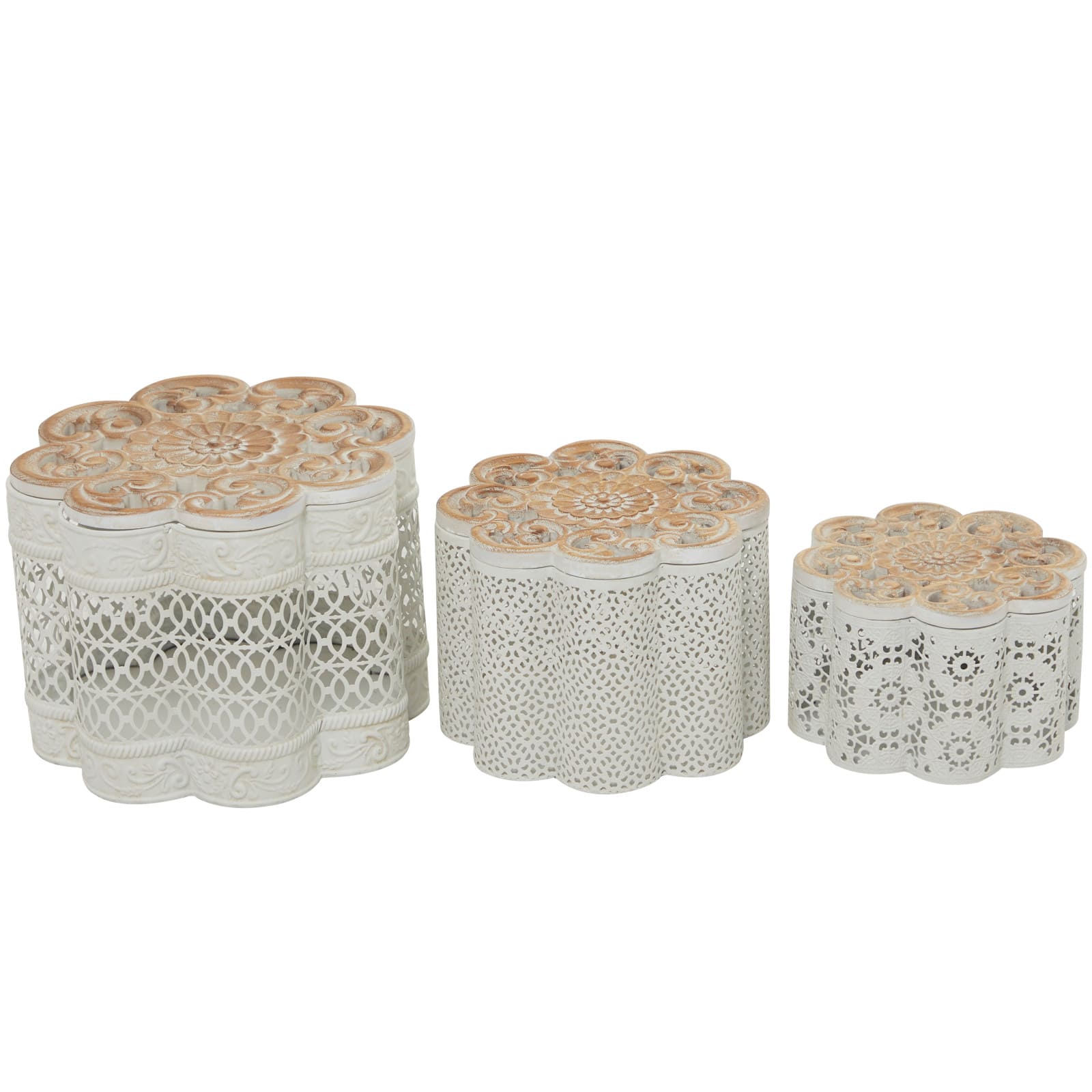 White Metal Quatrefoil Decorative Jars with Wood Carved Lids Set