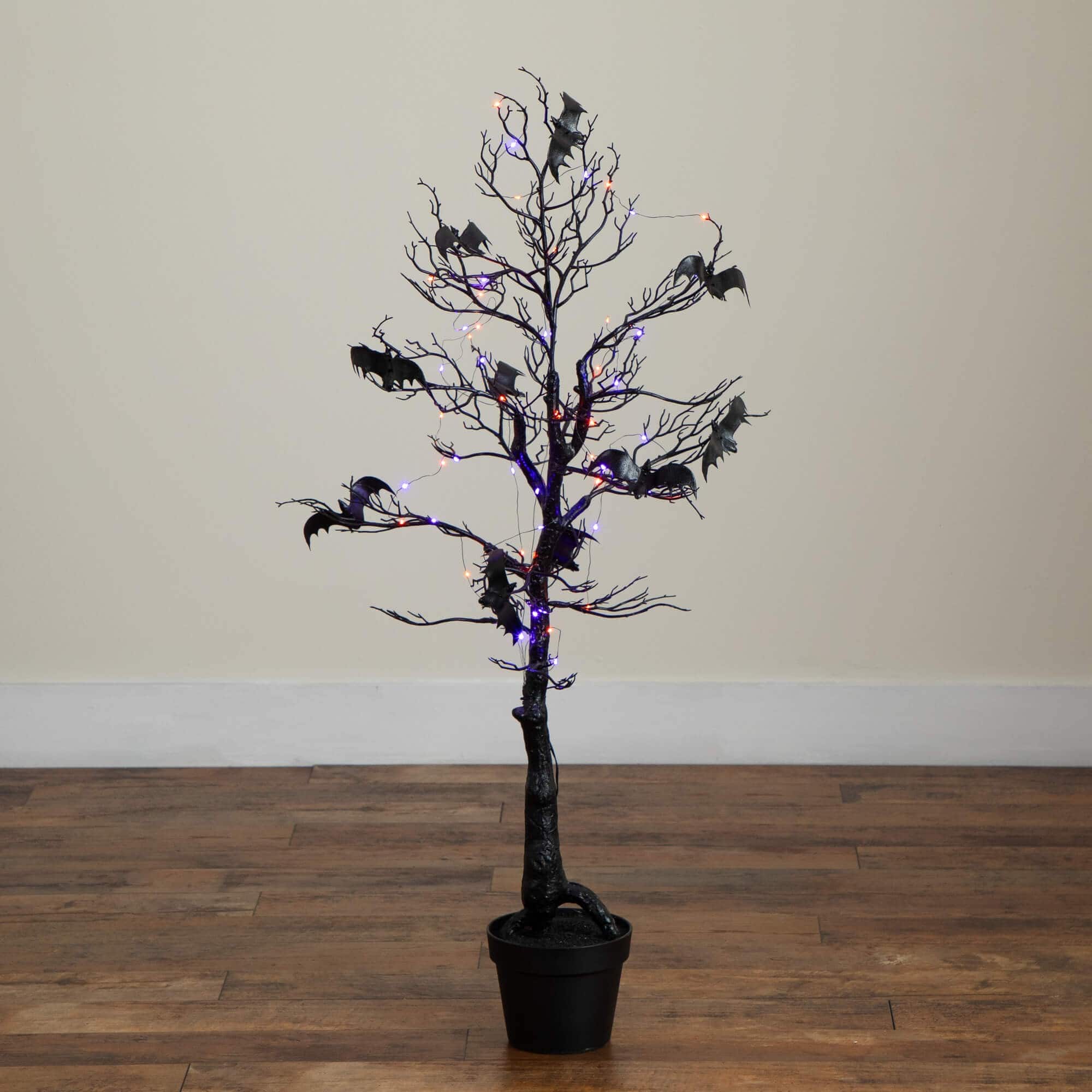 4ft. Pre-Lit Artificial Halloween Black Spooky Twig Tree with Bats and 120 Orange &#x26; Purple LED Lights
