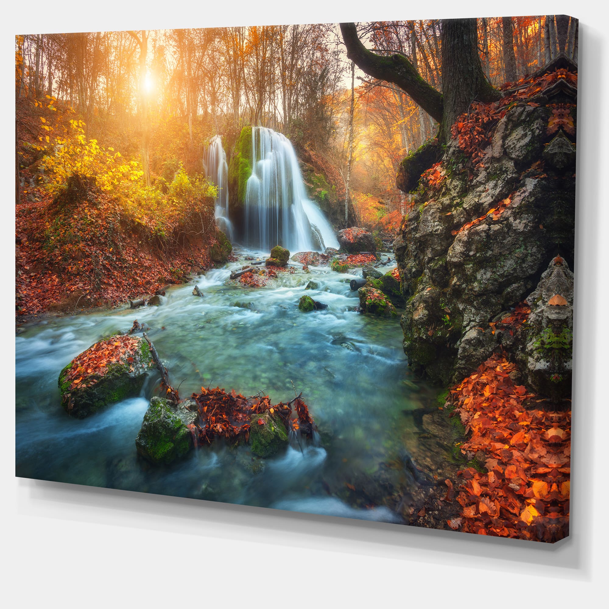 Designart - Fast Flowing Fall River in Forest - Landscape Photography Canvas Print