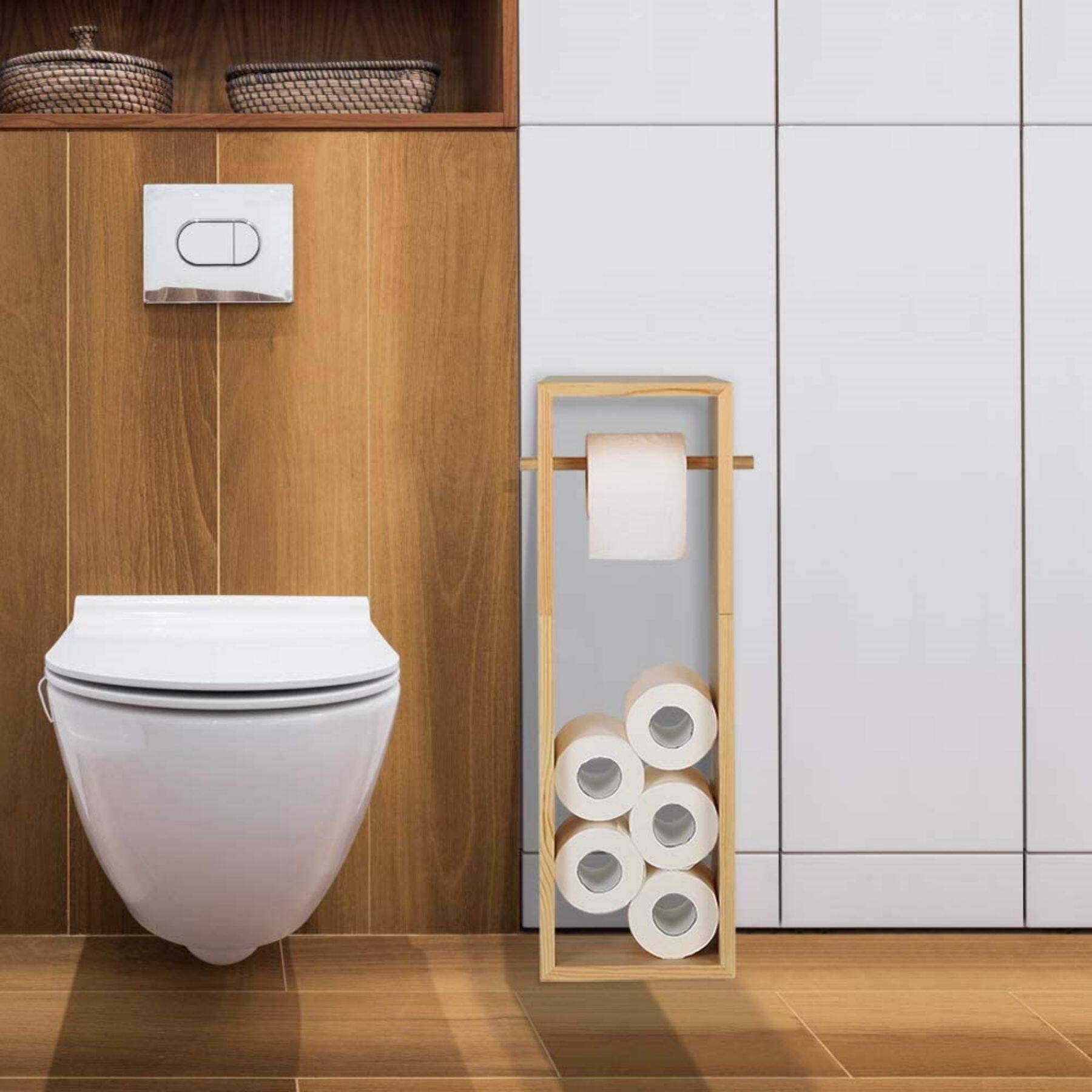 Natural Brown Wood Toilet Paper Holder with 6 Rolls Storage