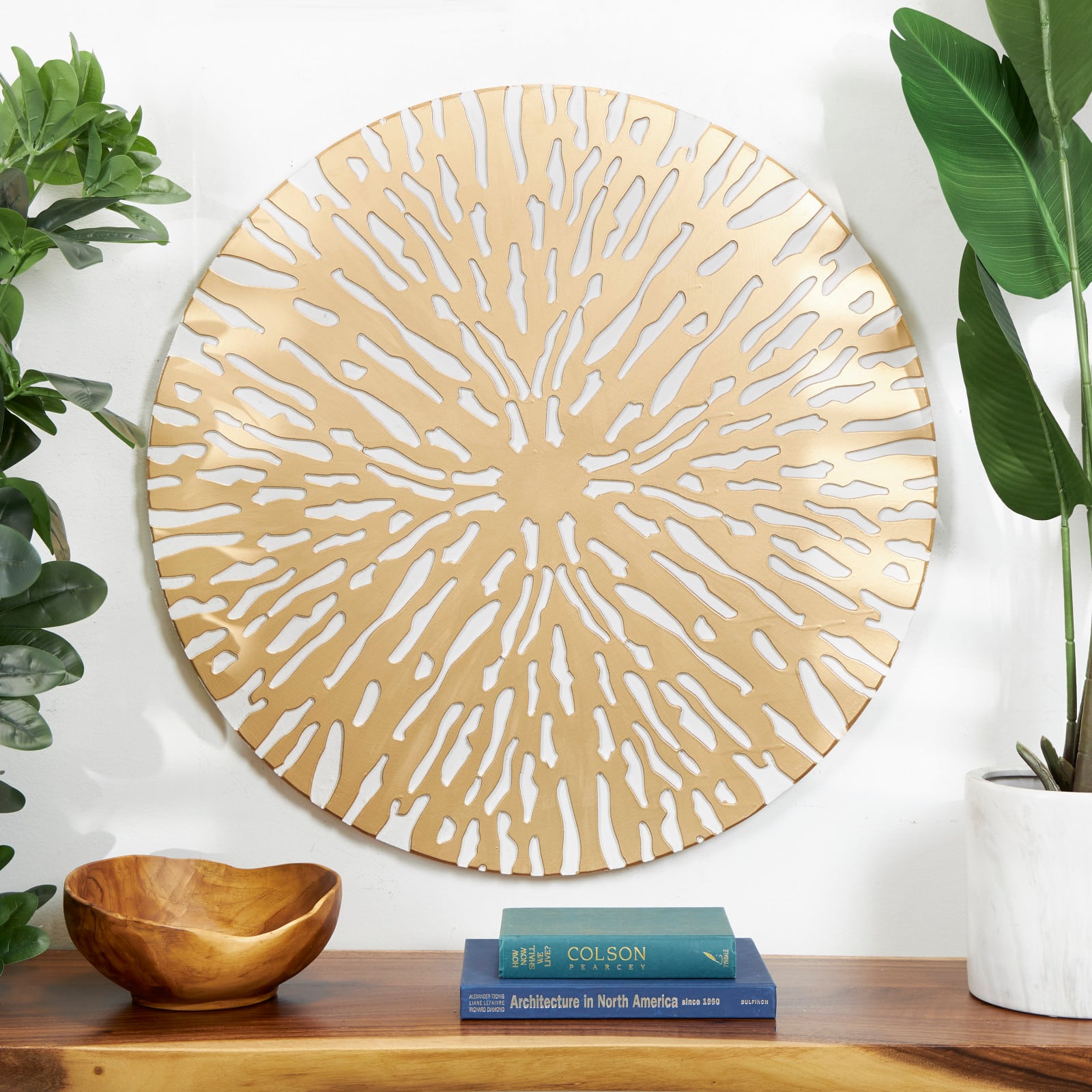 36" x 36" Gold Wooden Starburst Abstract Carved Circle Wall Décor with White Backing