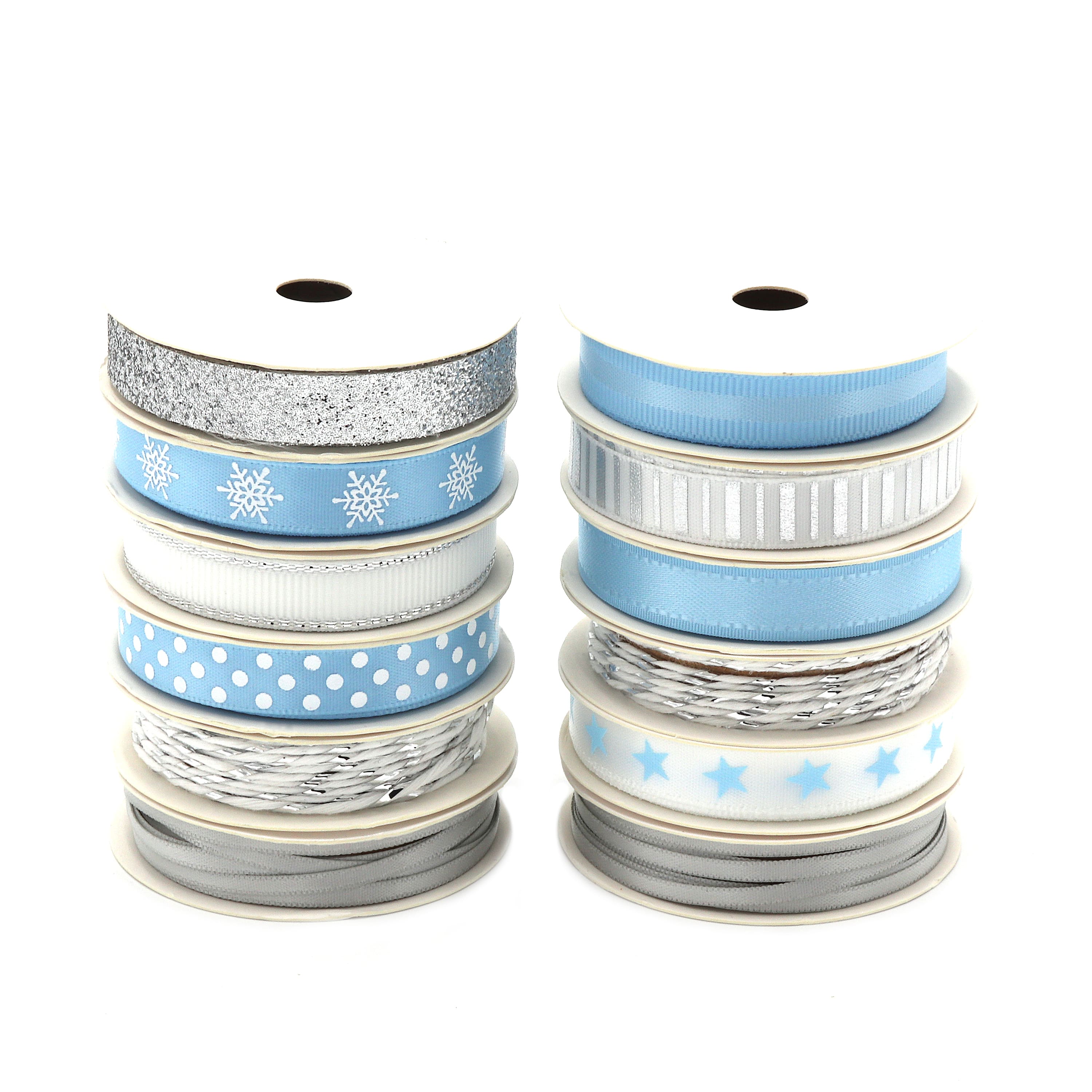 Gwen Studios 3/8" x 2yd. Silver & Blue Holiday Ribbon Pack, 24ct.