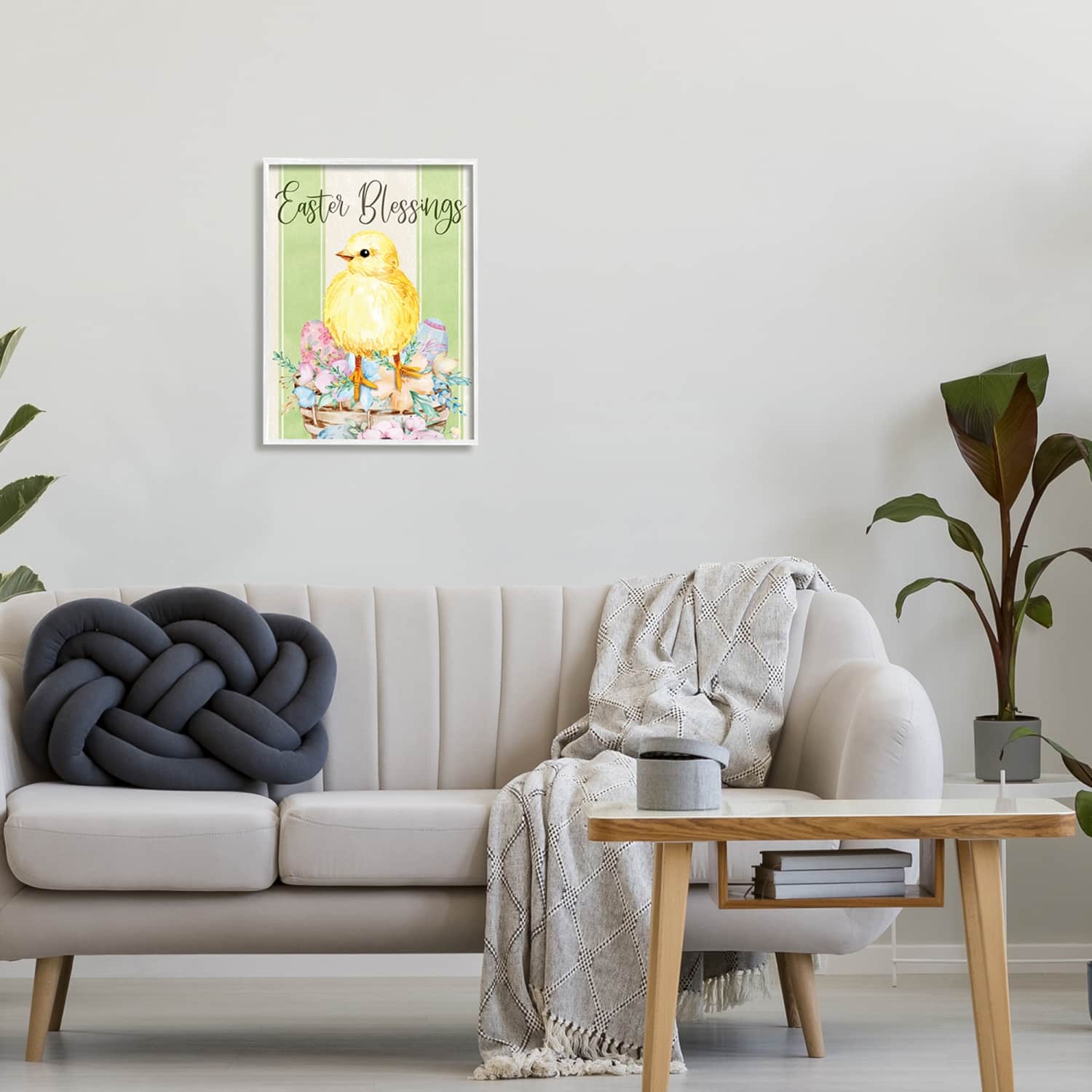 Stupell Industries Easter Blessings Text Striped Yellow Chick Egg Basket Framed Giclee Art