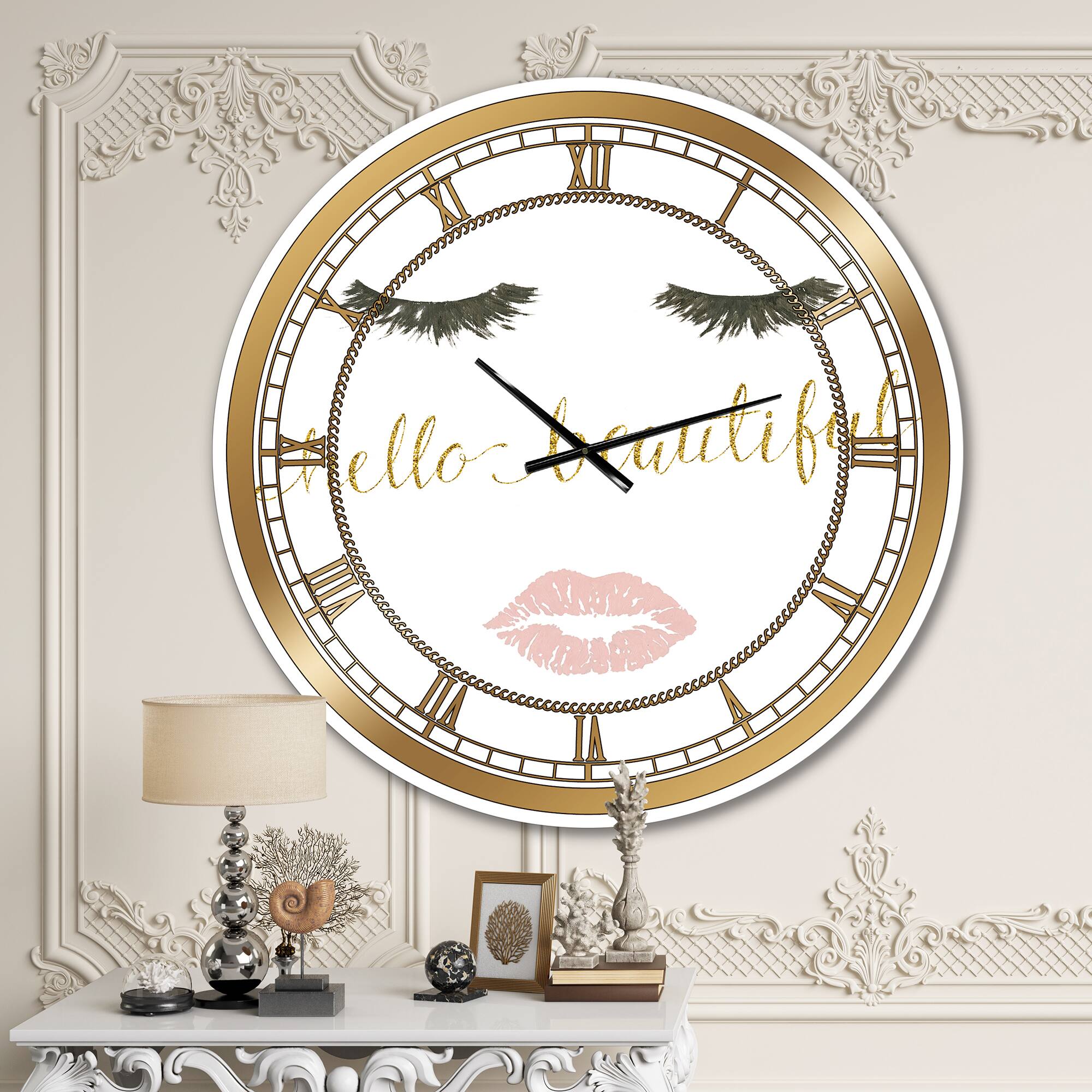 Designart Fashion Glam Lips On Gold I Wall Clock