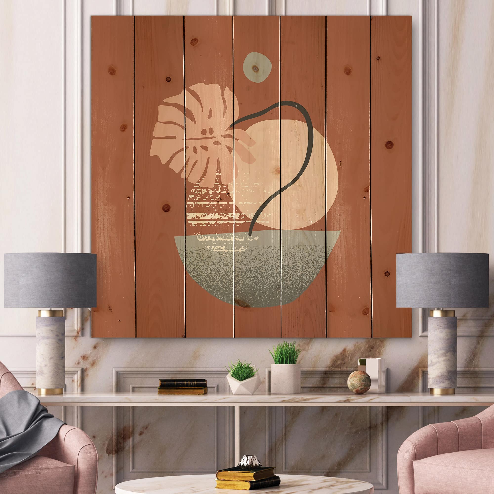 Designart - Tropical Palm Leaf & Abstract Geometry Shapes IV - Modern Print on Natural Pine Wood