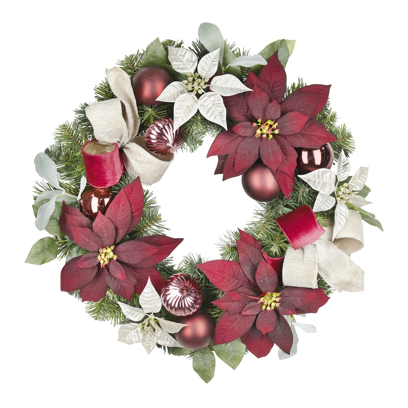 26&#x22; Burgundy &#x26; Cream Poinsettia &#x26; Ornament Wreath by Ashland&#xAE;